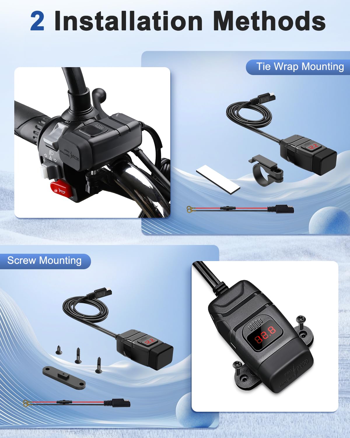 EXTRACTME Motorcycle USB Charger with QC3.0 Fast Charging, Waterproof Dual Port Phone Charger with Voltmeter & On/Off Switch - SAE Quick-Disconnect for Phone, Tablet, GPS - Perfect for Adventure Riding, Commuting & Road Trips