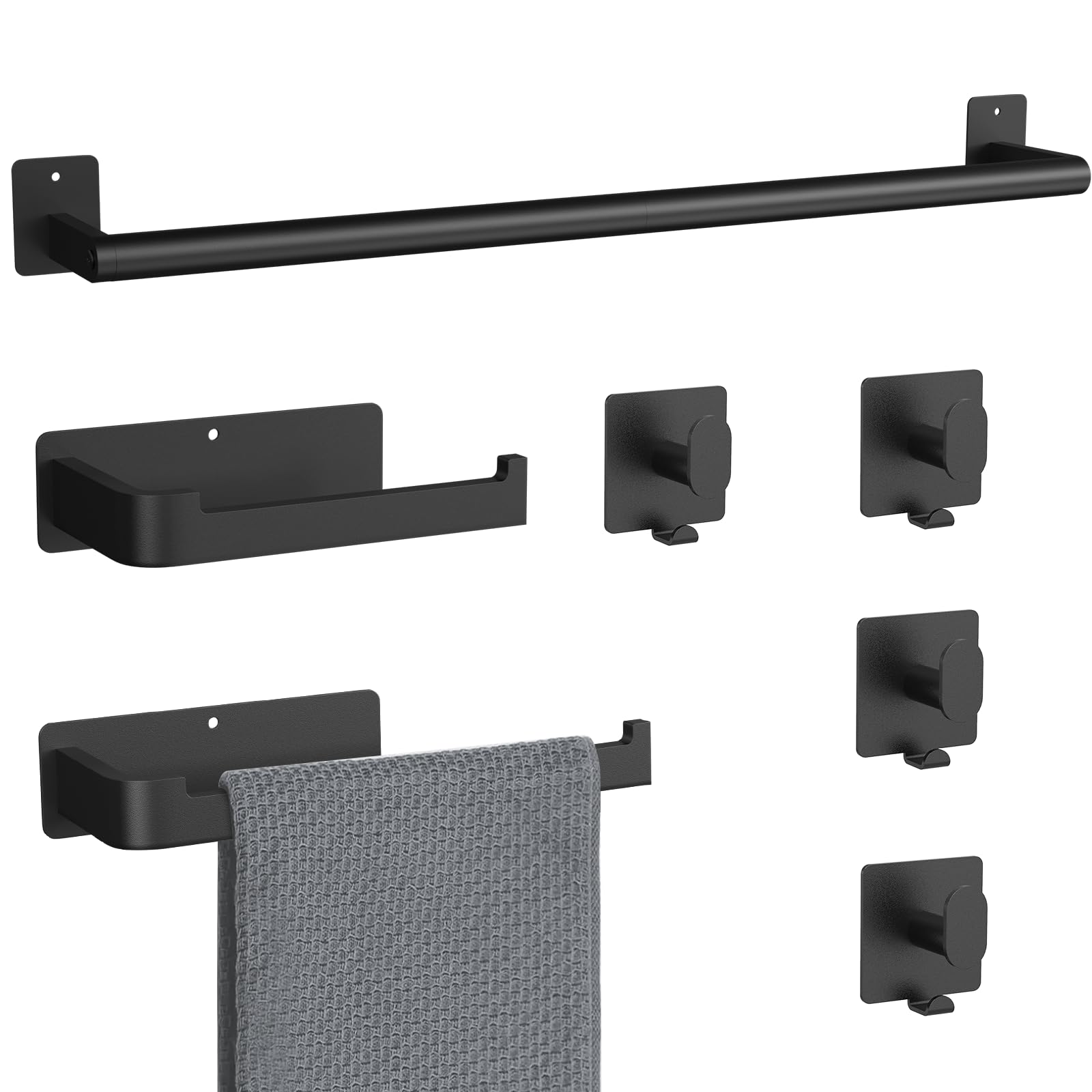 7PCS Matte Black Bathroom Hardware Set - 24IN 304 Stainless Steel Towel Bar & Holder for Modern Bathrooms | Durable & Rustproof Shower Accessories for Home & Hotel Use