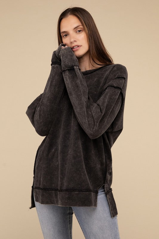 Acid Wash French Terry Exposed Seam Sweatshirt | Vintage Distressed Pullover | Casual Streetwear for Men & Women | Perfect for Fall Layering and Urban Fashion