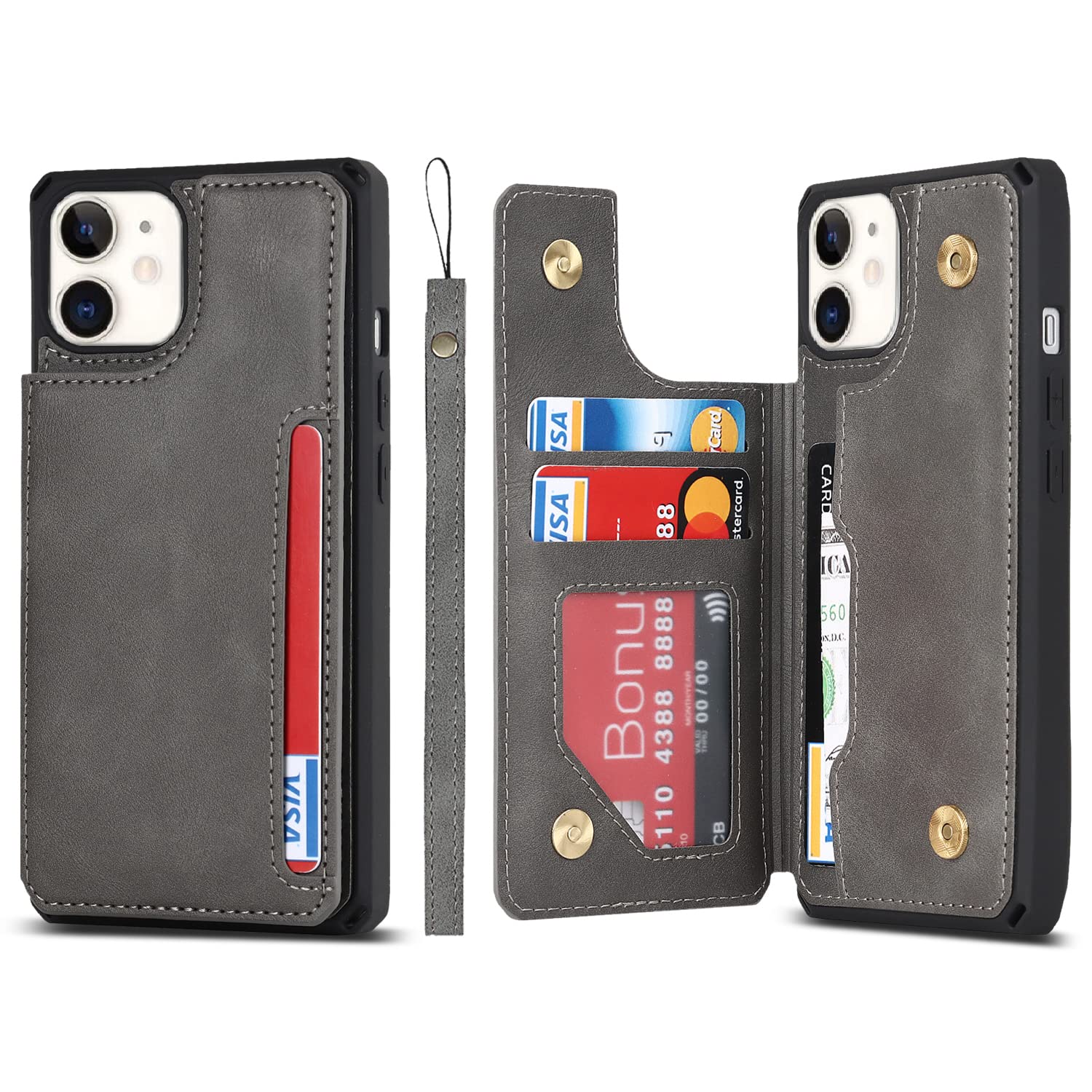 Premium PU Leather iPhone 11 Wallet Case with Card Slots & Kickstand - Magnetic Clasp, Shockproof Flip Cover with Wrist Strap (Grey) - Perfect for Daily Commute, Travel & Hands-Free Convenience