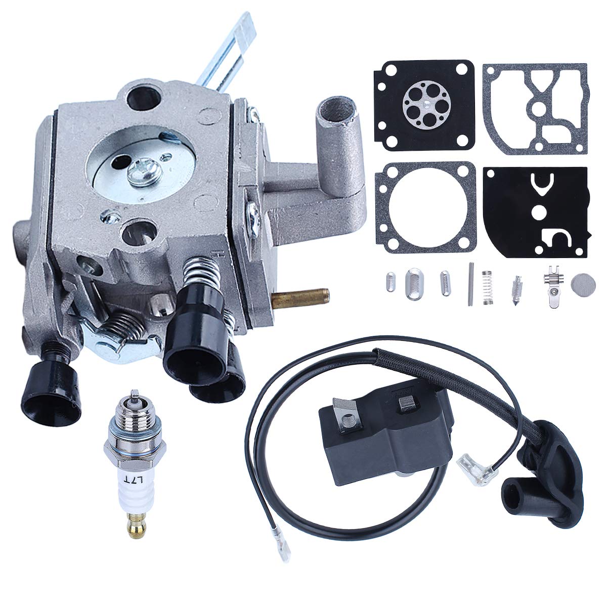 STIHL FS120 FS200 FS250 FS300 FS350 Trimmer Ignition Coil & Carburetor Repair Kit with Spark Plug - Replacement Parts 41341200653 41344001301 - Perfect for Lawn Care, Landscaping & Garden Maintenance