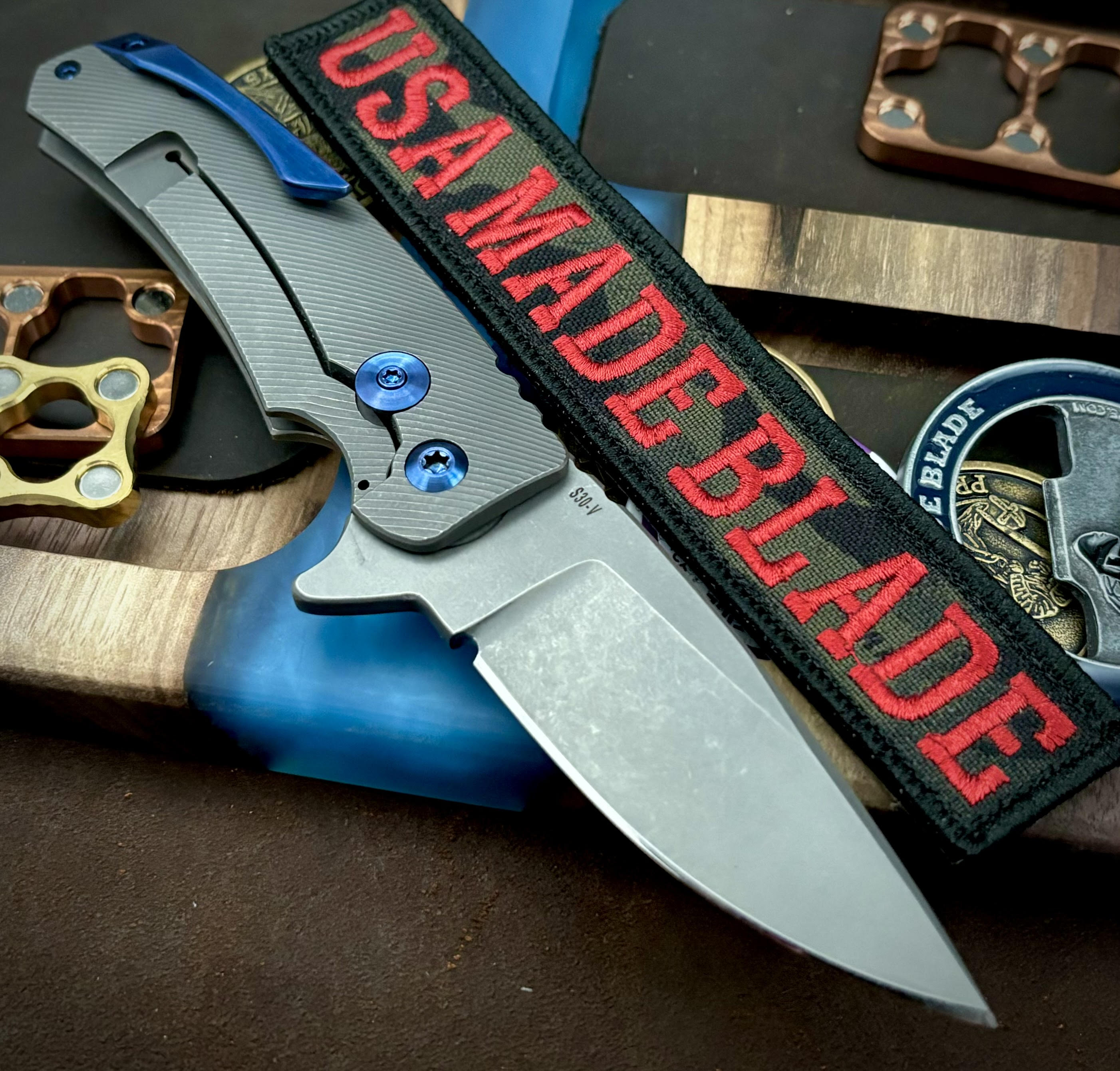 Premium Chelette Custom Knife - Full Titanium Handle with S30V Blade, Black G10 Inlay & Blue Backspacer/Clip - Perfect for EDC, Outdoor Adventures & Collectors