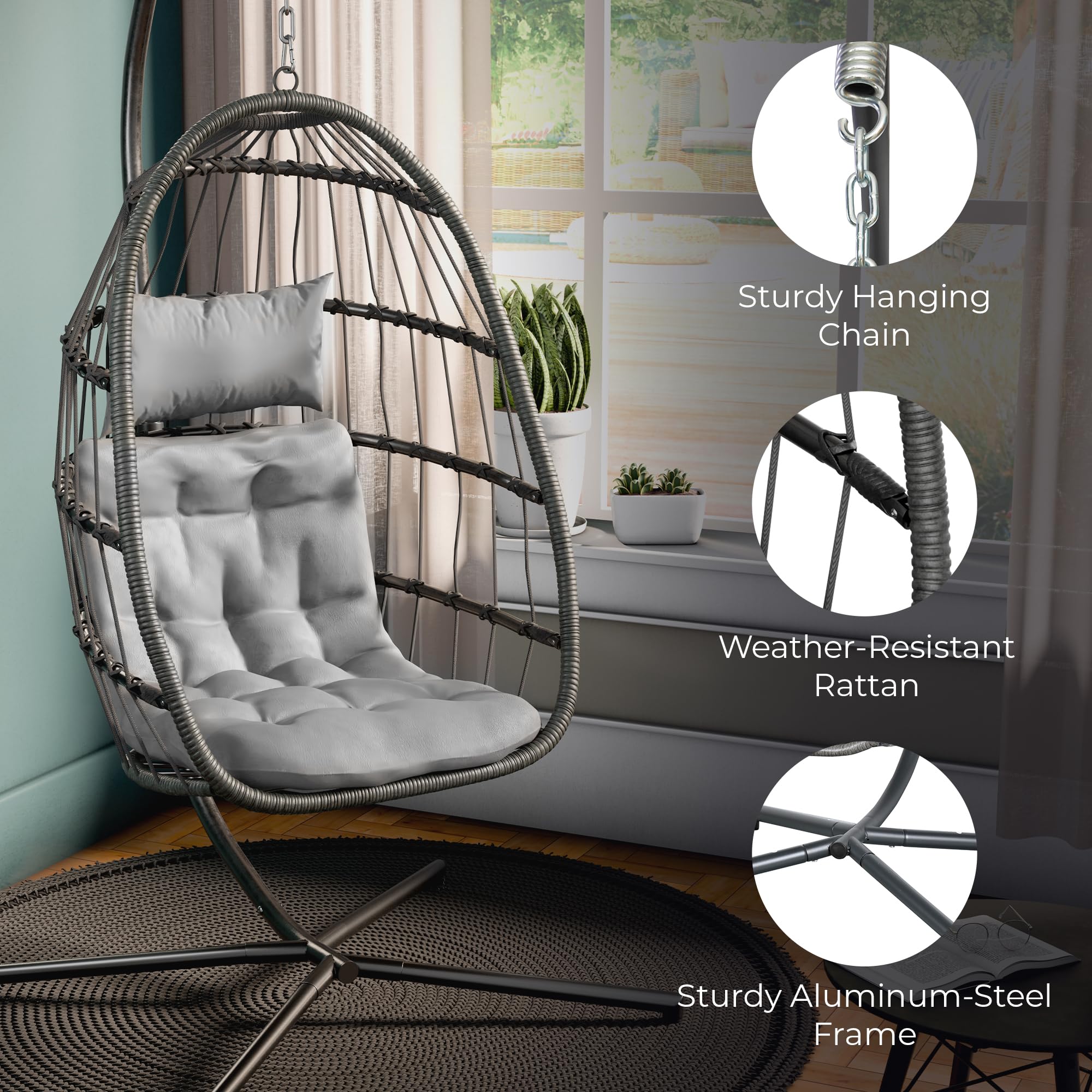 Econohome Hanging Egg Chair with Stand - Indoor/Outdoor Swing Hammock Chair with Plush Washable Cushions, 350LBS Weight Capacity - Perfect for Bedroom, Balcony, Garden, Patio Relaxation & Boho Home Decor