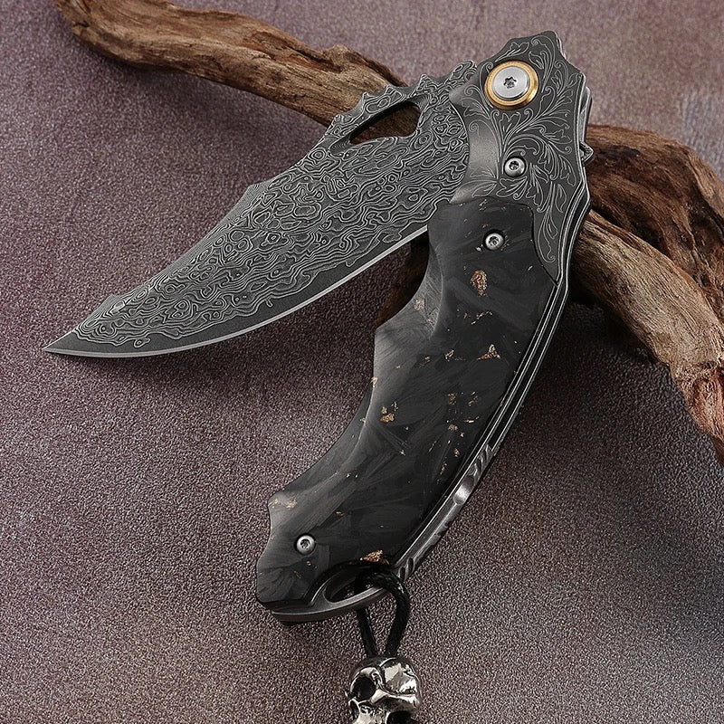 Premium Black Gold EDC Pocket Knife - 14K Gold Foil Carbon Fiber Handle with Sheath - Personalized Gentleman's Knife for Outdoor, Camping & Everyday Carry (EDC)