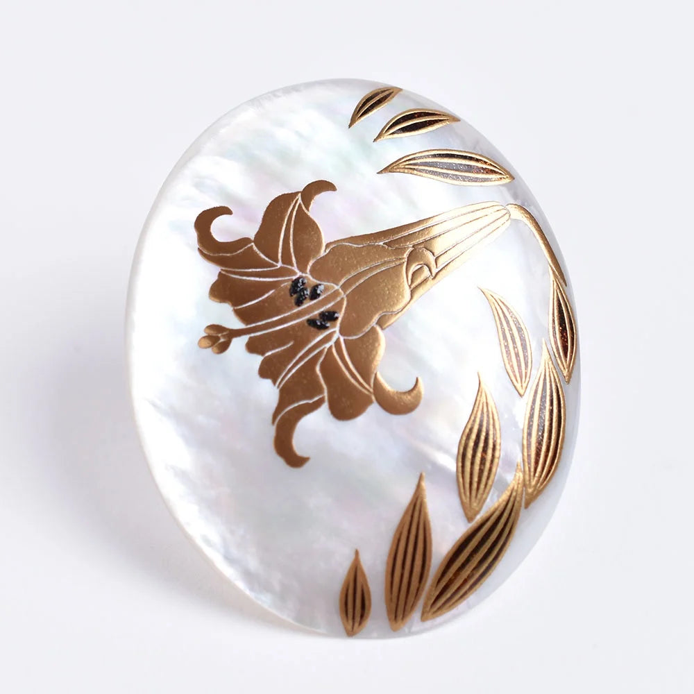 Exquisite Maki-e Urushi Lacquer Brooch with White South Sea Pearl Shell & Lily Design | Traditional Japanese Lacquer Jewelry for Women | Perfect for Weddings, Tea Ceremonies & Special Occasions