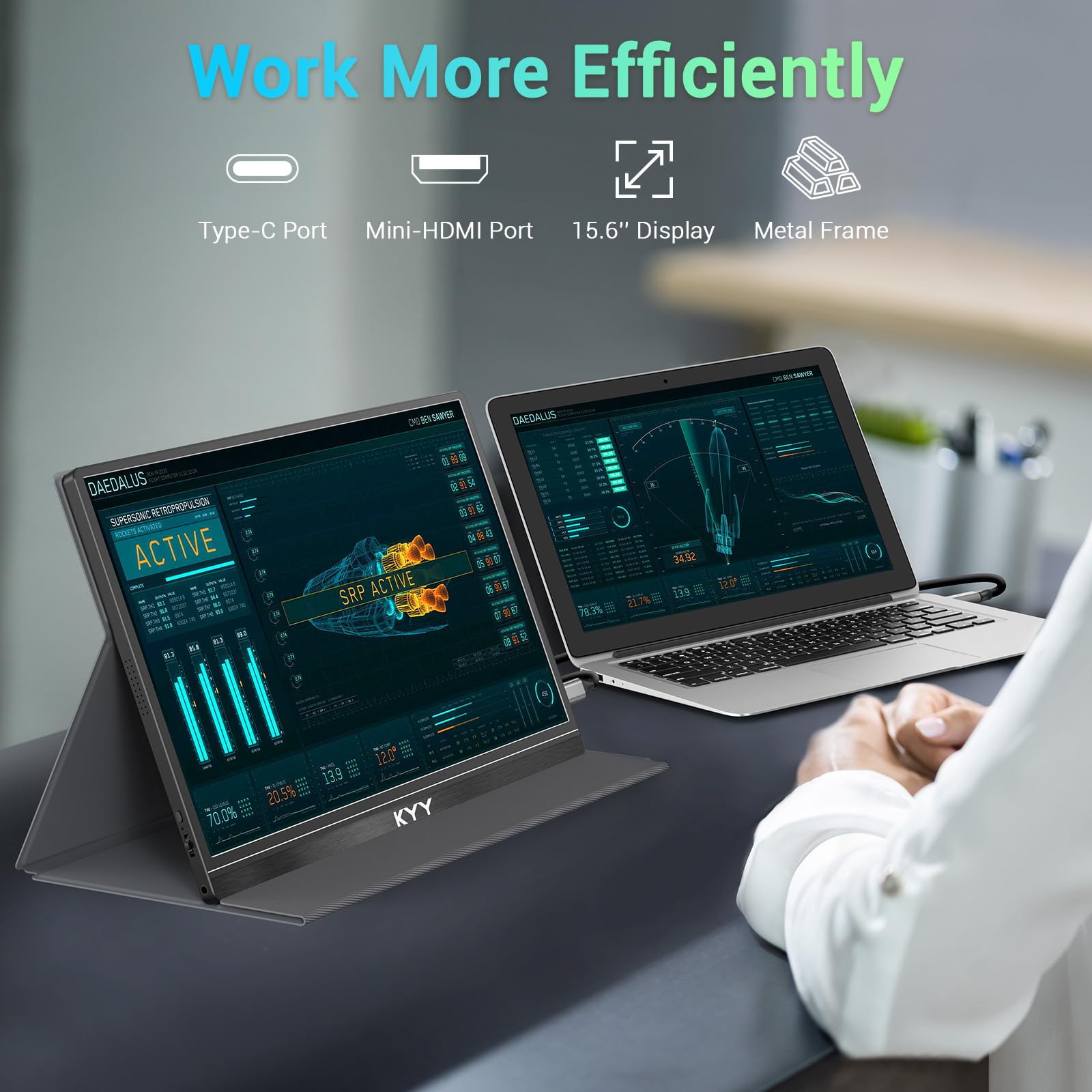 KYY 15.6 Inch Portable Monitor - Full HD 1080P IPS Display, Ultra Slim USB C HDMI External Screen with Smart Cover & Built-in Speakers, Plug & Play for Laptop, PC, Mac, Phone, Gaming Console - Perfect for Work, Travel & Gaming Entertainment