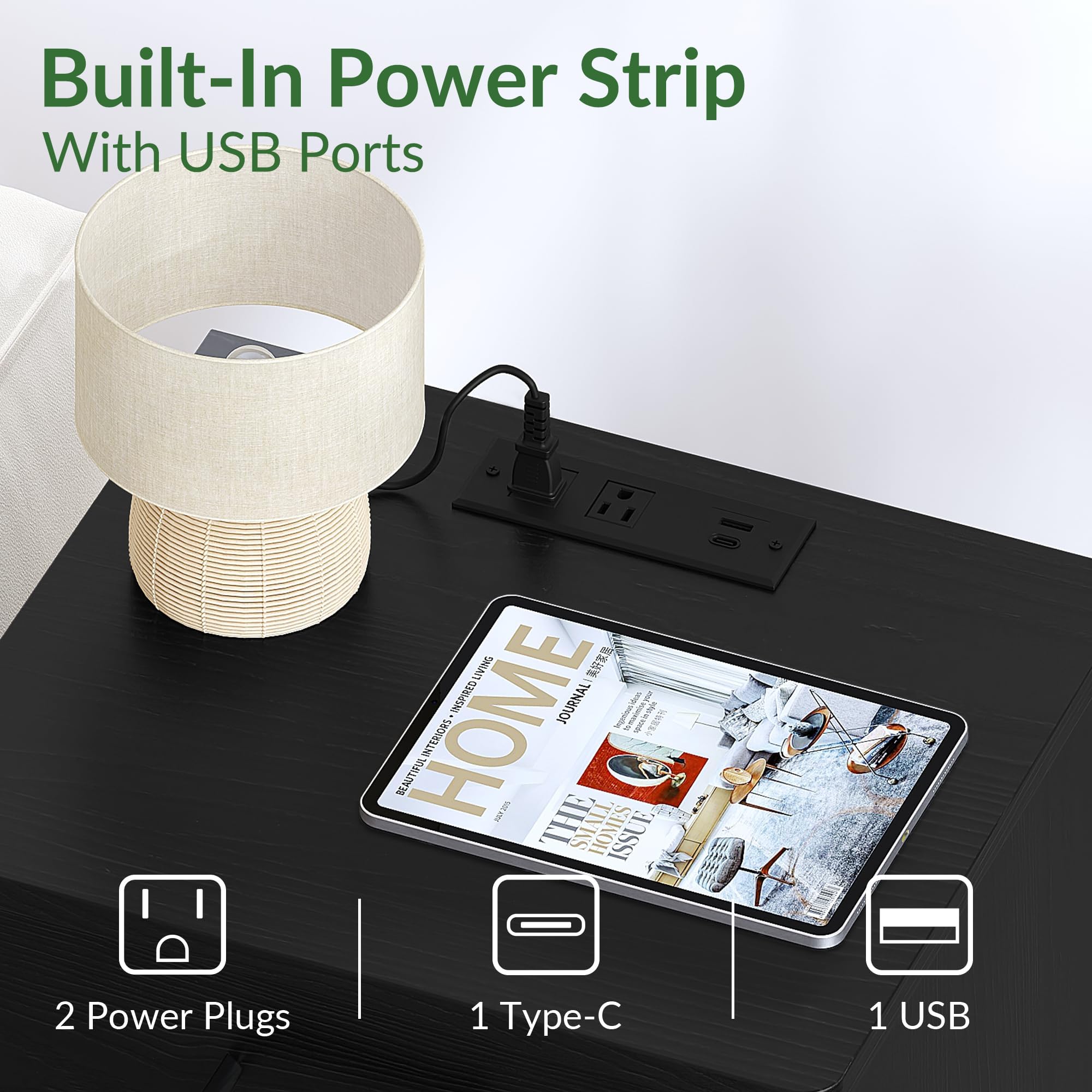 Fast Charging Wooden Side Table with USB-C Port - Black Nightstand with Drawer & Adjustable Shelf for Bedroom | Compact End Table for Phone Charging, Reading Lamp & Alarm Clock Placement (Set of 1)