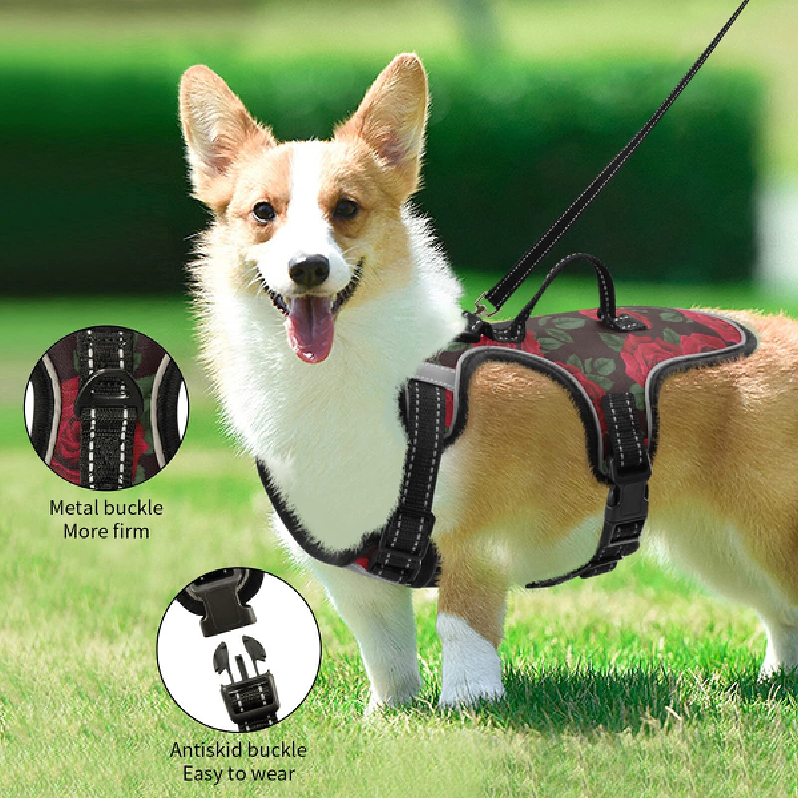 Xigua Rose Flower Dog Harness - No Pull Reflective Pet Vest for Small & Medium Dogs, Breathable Nylon Handle - Perfect for Walking, Training & Nighttime Safety