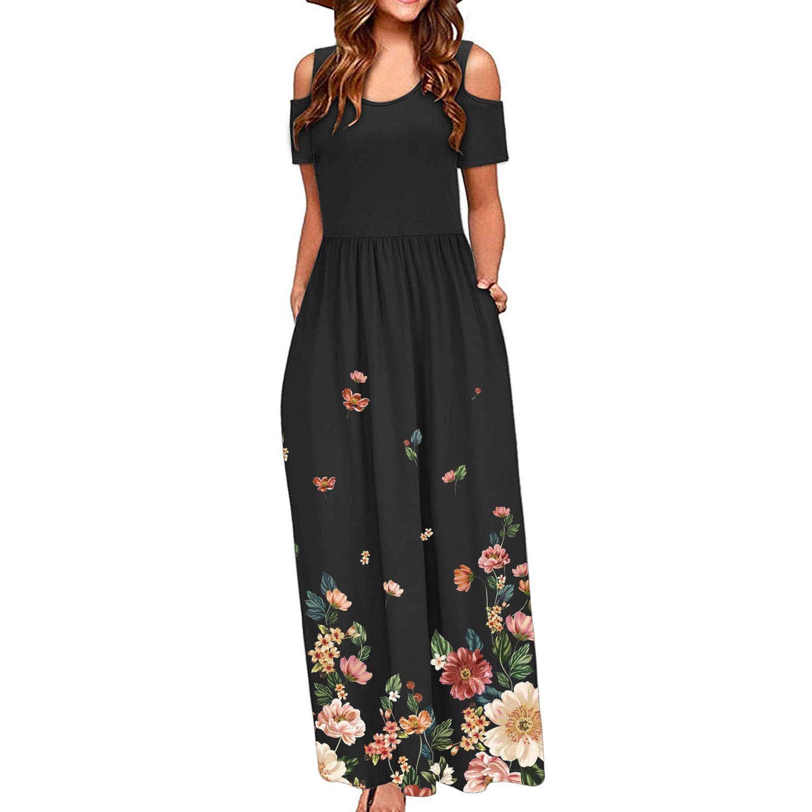 Elegant Patchwork Floral Summer Dress for Women - Short Sleeve Cold Shoulder Sundress, Casual Maxi Dress for Work & Vacation | Perfect for Beach, Office & Date Nights