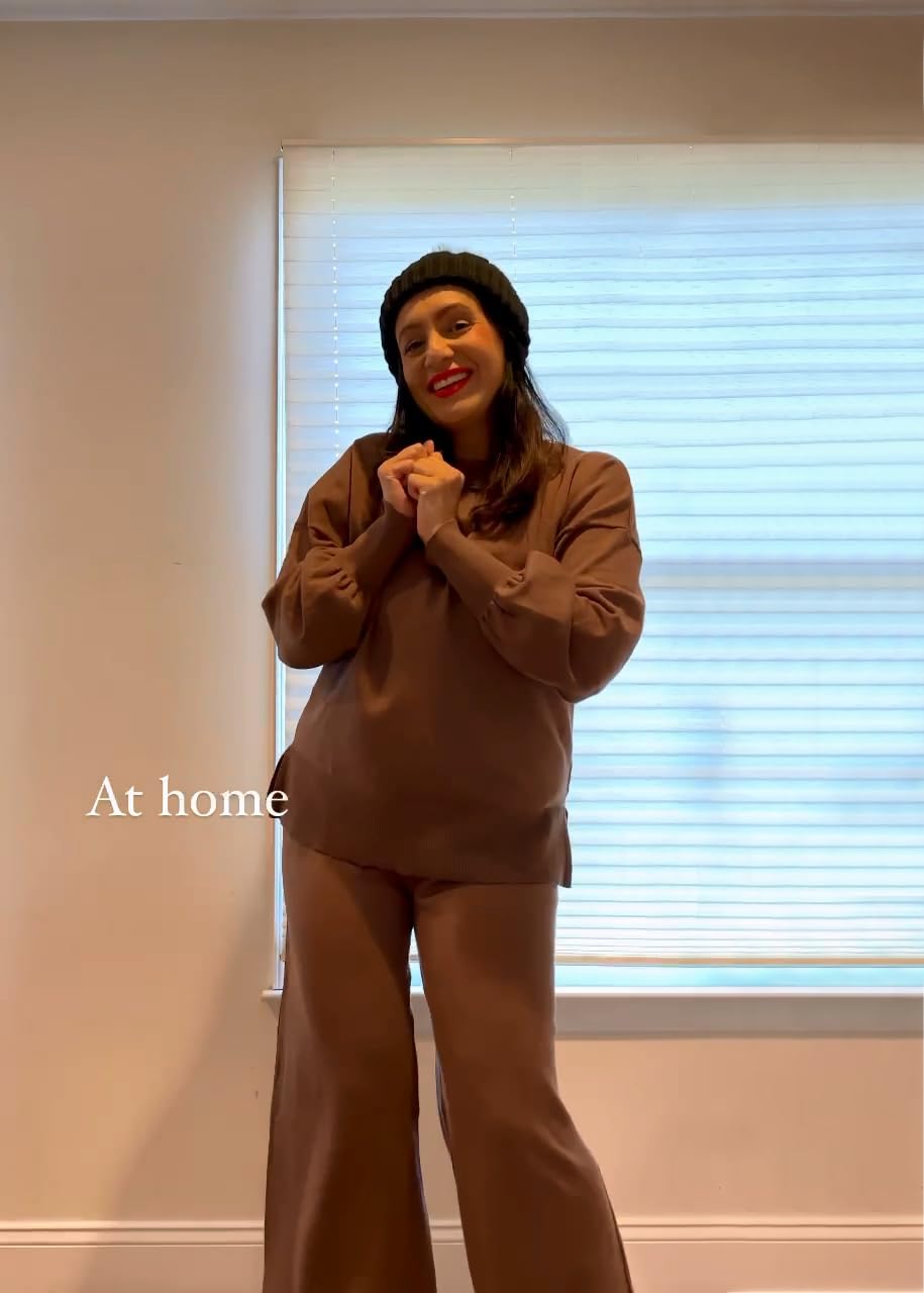 ETCYY Women's Elegant Knit Lounge Set - 2 Piece Sweatsuit with Cozy Sweater Top & Wide Leg Sweatpants | Perfect for Home Relaxation, Yoga & Casual Outings