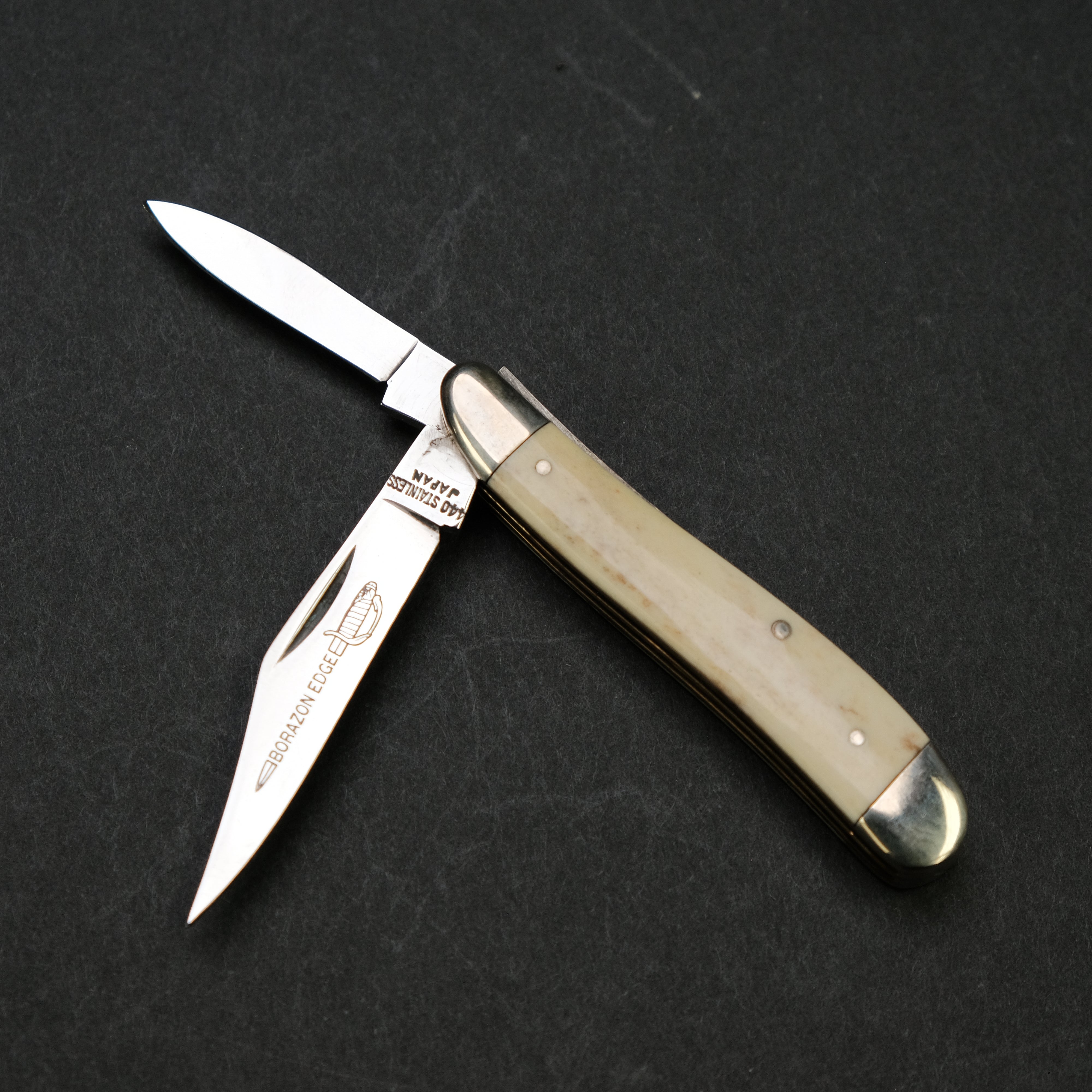 Premium Borazon Edge NOS 2 Blade Folding Pocket Knife - 50mm & 35mm Stainless Steel Blades with Leather Sheath - Perfect for Camping, Hiking, and Outdoor Survival Gear