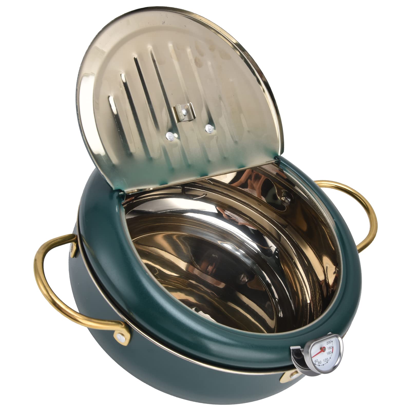 304 Stainless Steel Japanese Style Deep Fryer Pot with Thermometer - Home Tempura Fryer for French Fries, Shrimp, Chicken, Steak & More | Perfect for Restaurants, Home Kitchens & Outdoor Cooking (Black/Green)