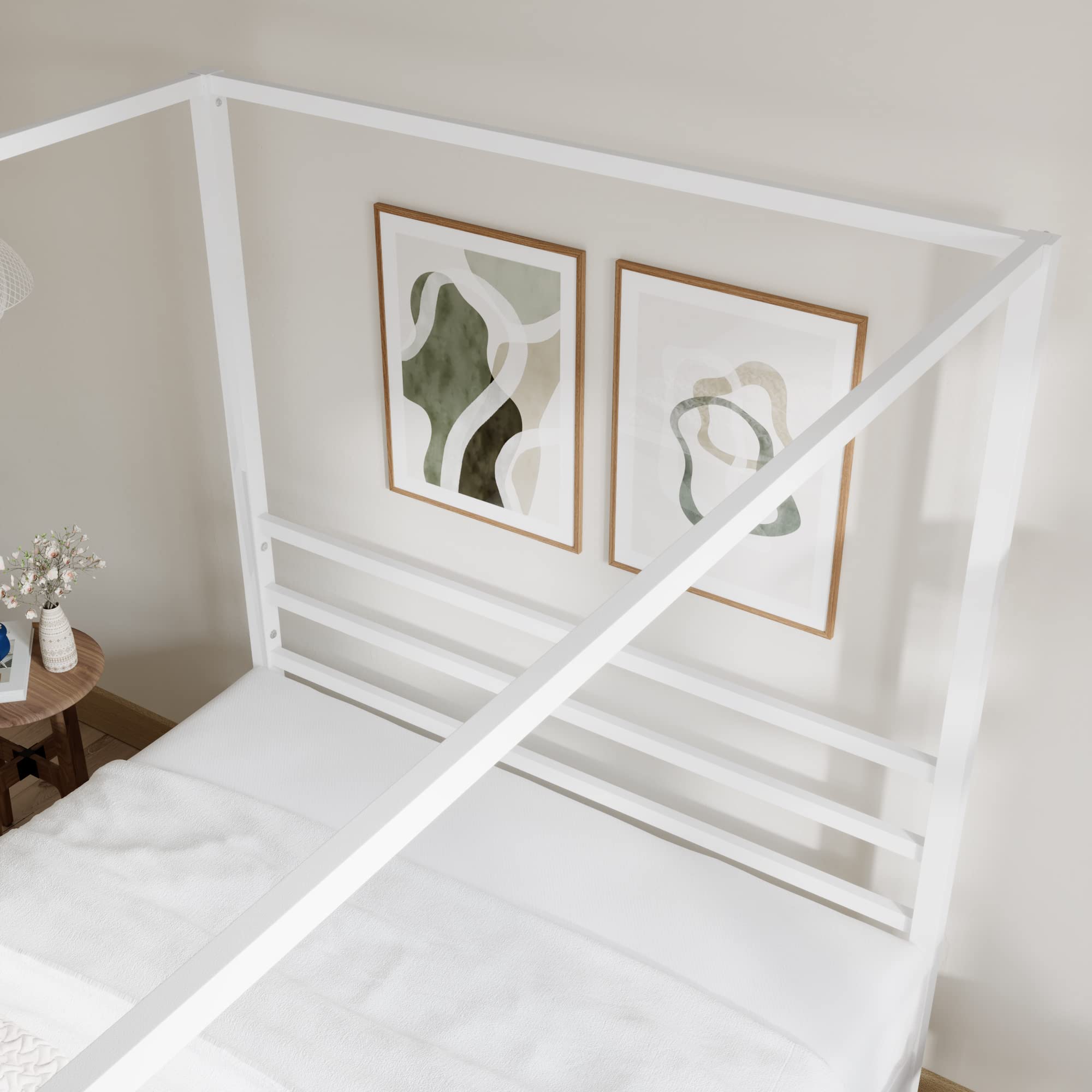 Full Size Metal Canopy Bed Frame with Storage - White for Modern Bedrooms