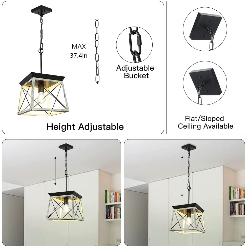 Depuley Adjustable Farmhouse Pendant Light Fixture - Rustic Industrial Square Chandelier for Kitchen Island, Dining Room & Living Room Ceiling Lighting