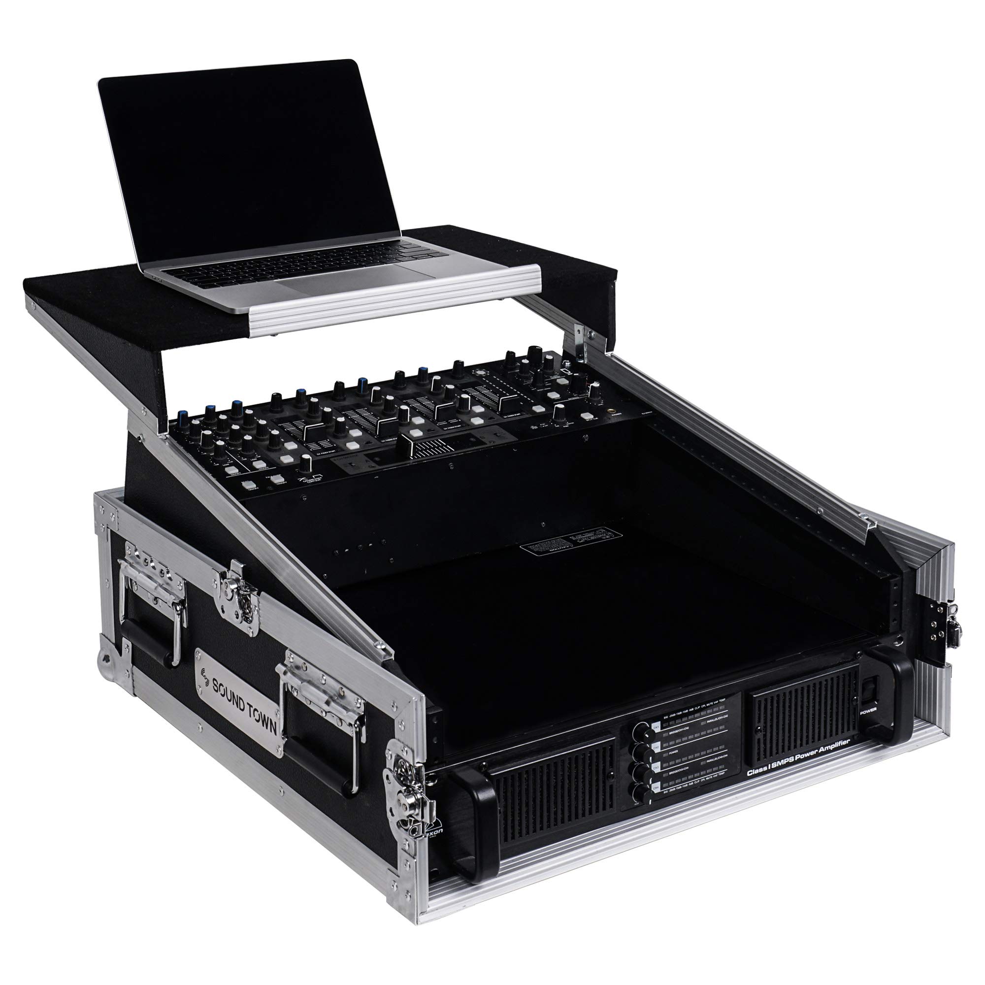 Sound Town 2U Glide Style Rack Case with 11U Slant Mixer Top - 20.7” Rackable Depth & Laptop Platform | Professional Tour-Grade Equipment for Live Sound & Studio Recording (STMR-2ULT)