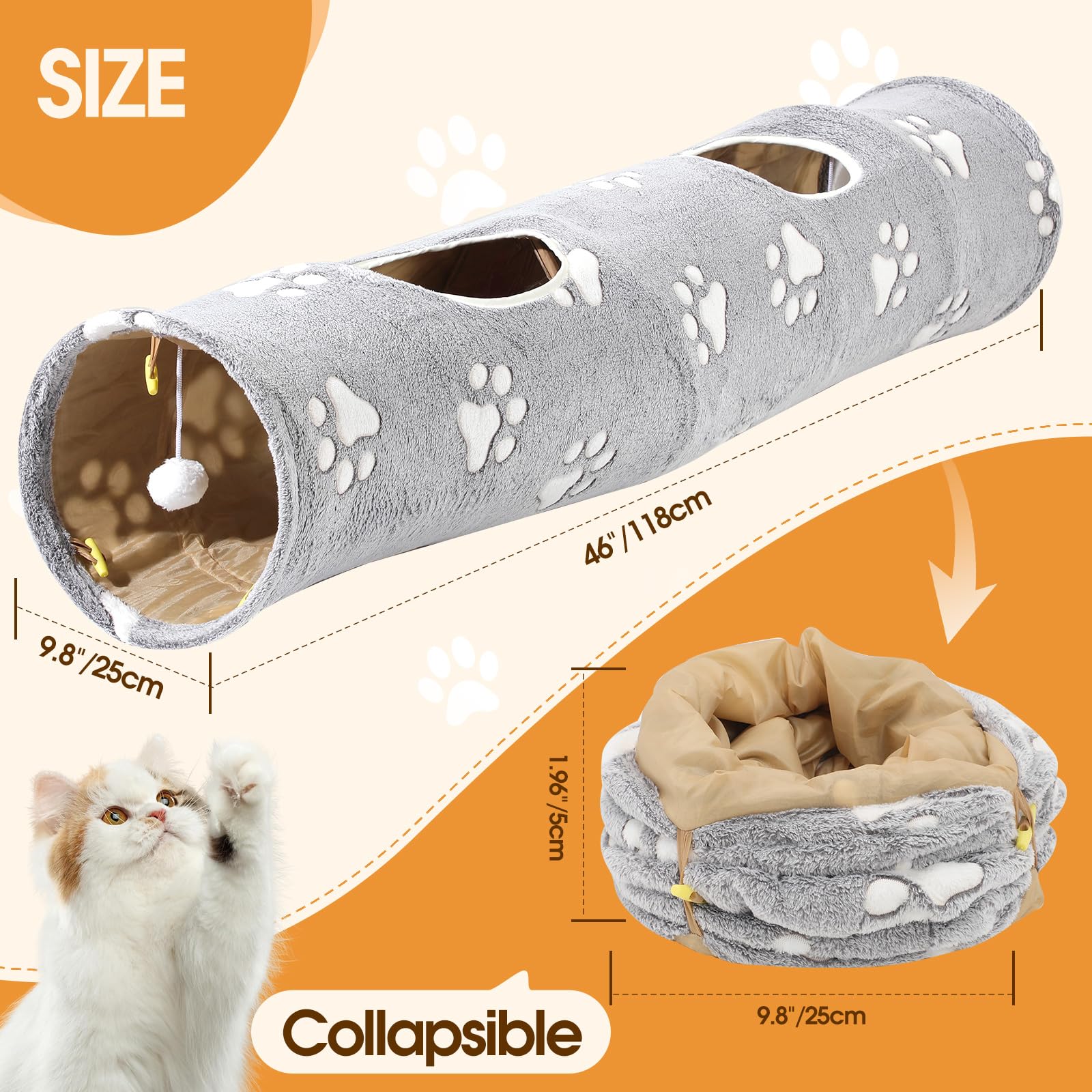 IPetStation Straight Cat Tunnel for Indoor Cats - Collapsible Plush Play Tunnel with Toy Ball for Kittens, Puppies, Bunnies & Small Dogs (Cat Print) | Fun Interactive Pet Toy for Exercise & Playtime
