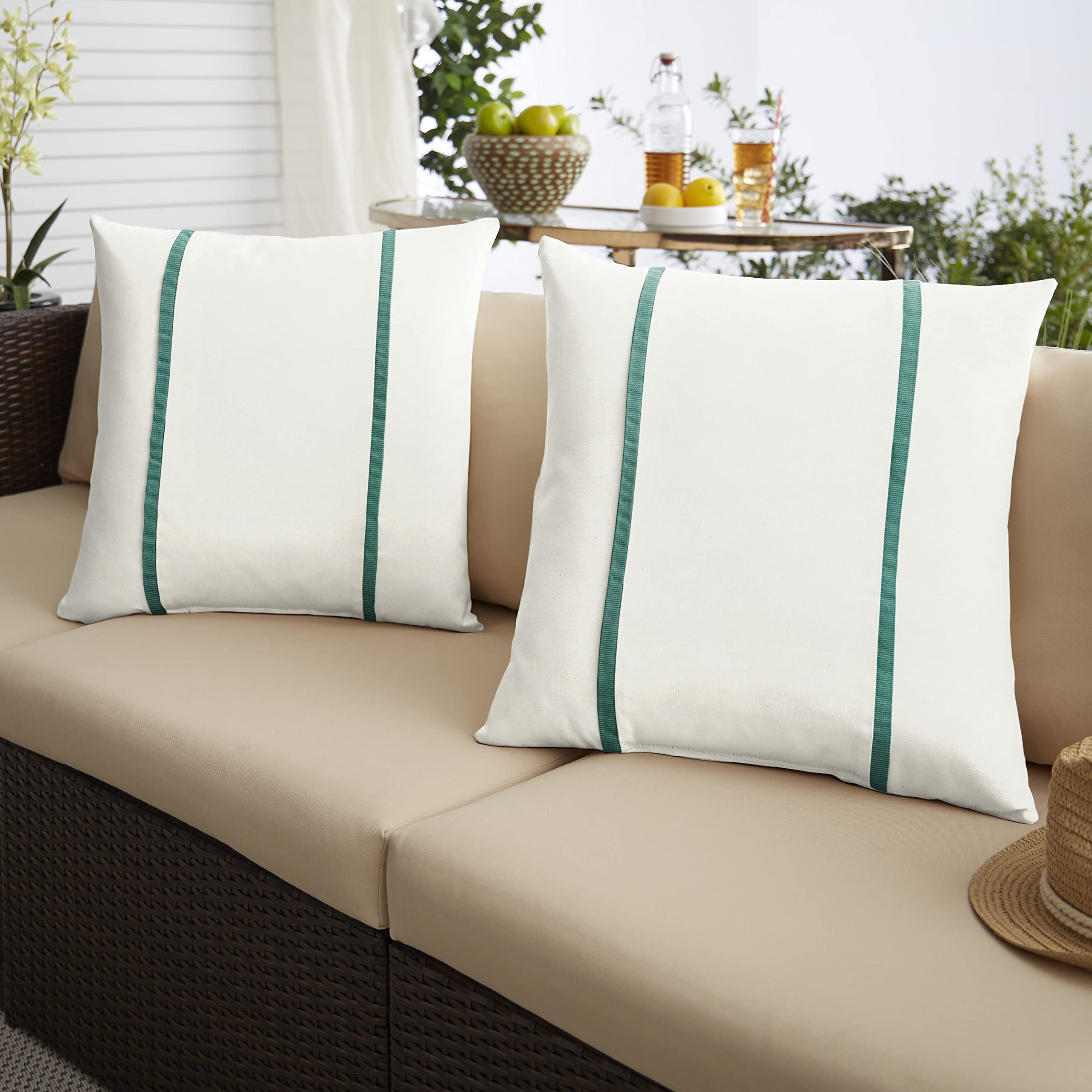 Sorra Home x Sunbrella Indoor Outdoor Square Pillows Set of 2 - Natural Ivory & Teal Green Waterproof Cushion Covers for Patio, Poolside, Sofa & Deck Furniture