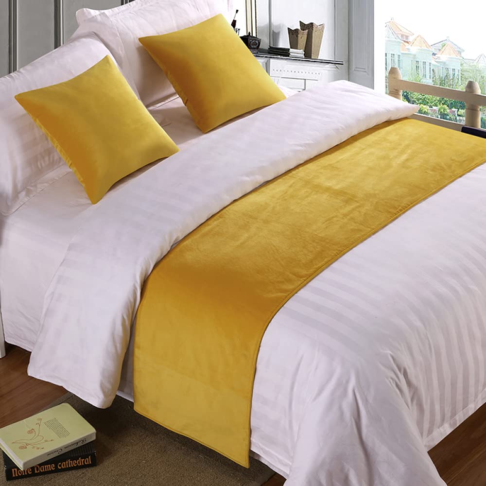 Soft Faux Velvet Bed Runner - Modern King Size Bedspread Coverlet for Home & Hotel Decor | Yellow Luxury Bed Scarf for Bed Protection & Elegant Bedroom Styling