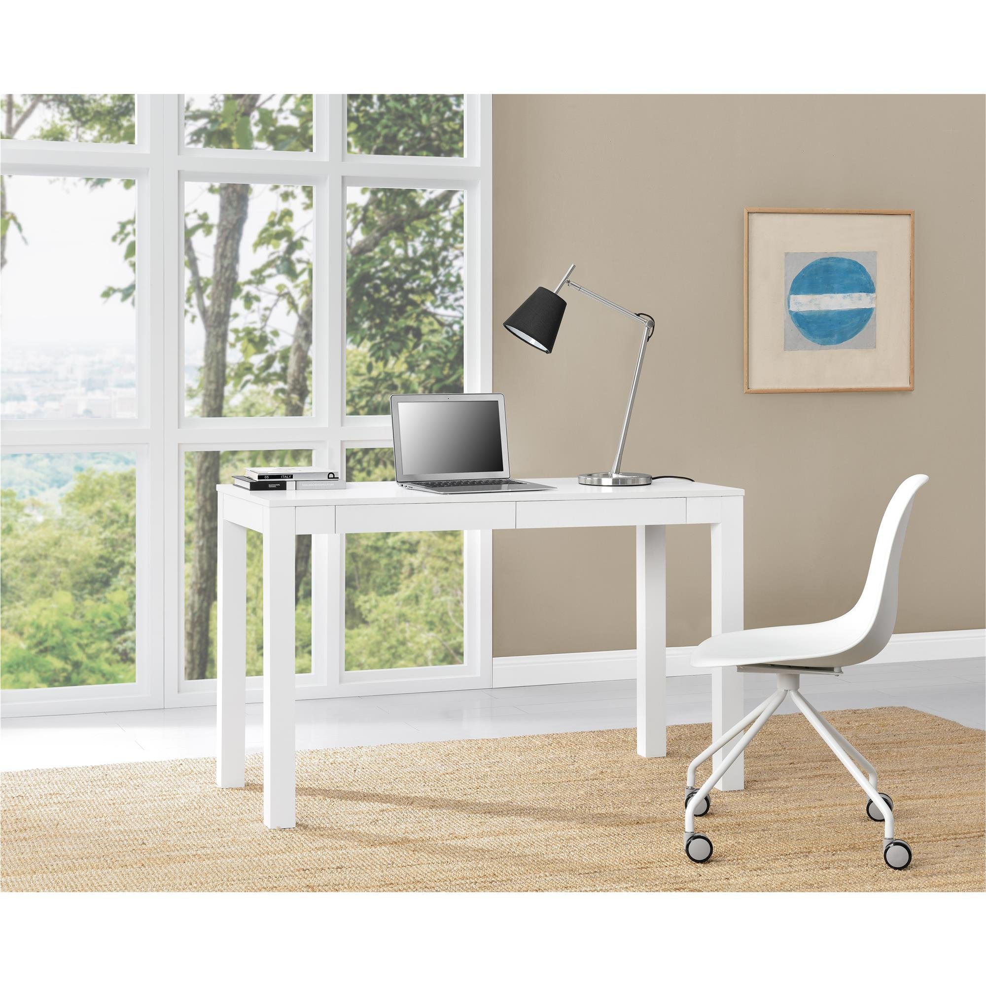 Ameriwood Home Large Parsons 2-Drawer Computer Desk, White - Modern Home Office Desk for Work & Study - Perfect for Small Spaces & Remote Work