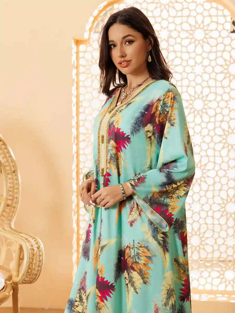 Elegant Hotfix Rhinestone Printed Eid Caftan Dress for Women - Perfect for Eid Celebrations, Weddings & Special Occasions