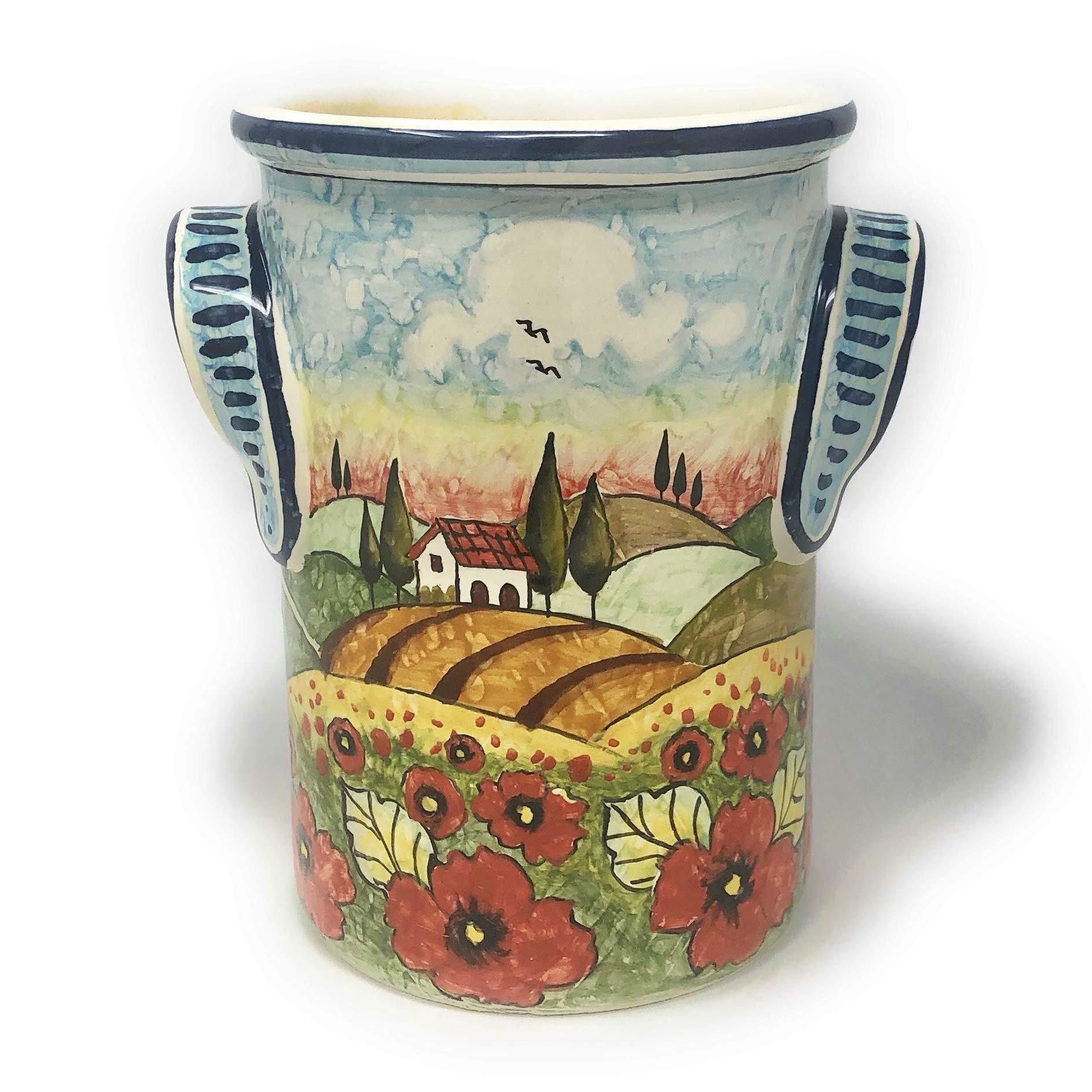 Hand-Painted Italian Ceramic Utensil Holder & Wine Bottle - Tuscan Landscape with Poppies Design - Art Pottery Made in Italy - Perfect for Kitchen Decor & Wine Storage