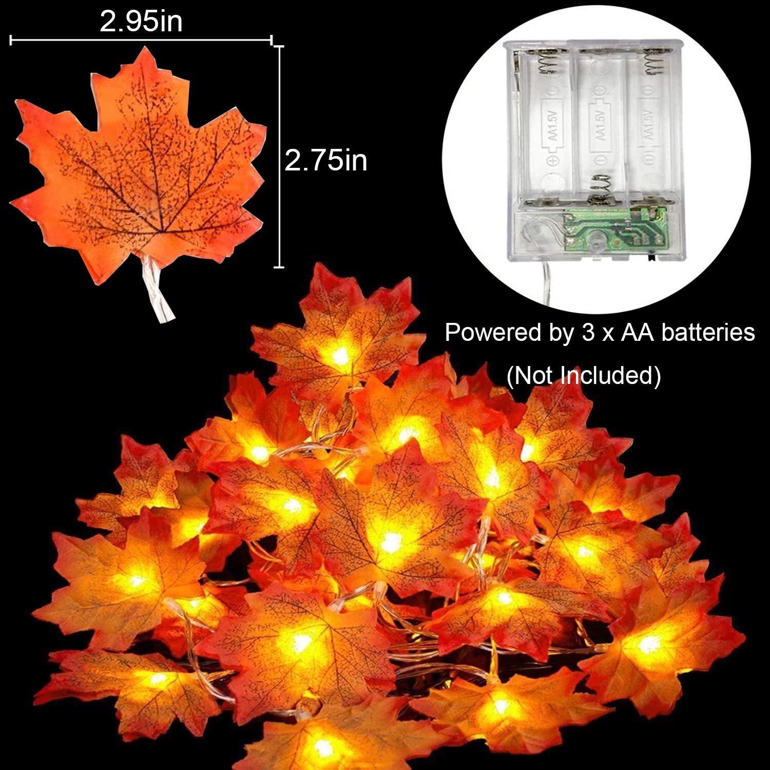 Toodour 20ft 40 LED Fall Maple Leaf String Lights - Battery Operated Thanksgiving Decorations in Warm Orange & Red - Perfect for Autumn Home Decor, Holiday Garland, Indoor Lighting, and Seasonal Party Ambiance