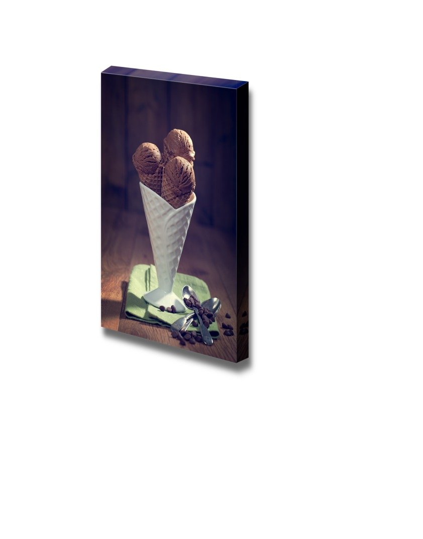 Premium Canvas Wall Art - Vintage Style Chocolate Ice Cream in Waffle Dish Print - 48x32 Inches - Perfect for Kitchen, Dining Room & Cafe Decor