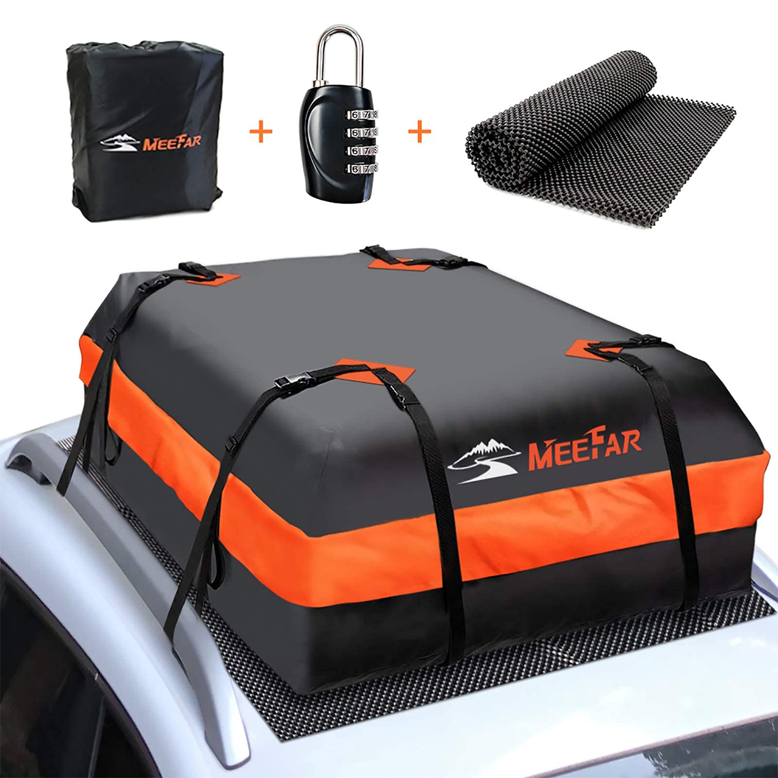 MeeFar 20 Cubic Feet Waterproof Hitch Mount Cargo Carrier Bag & 15 Cubic Feet Roof Bag Combo - Soft Shell Car Storage for Camping, Travel & Road Trips