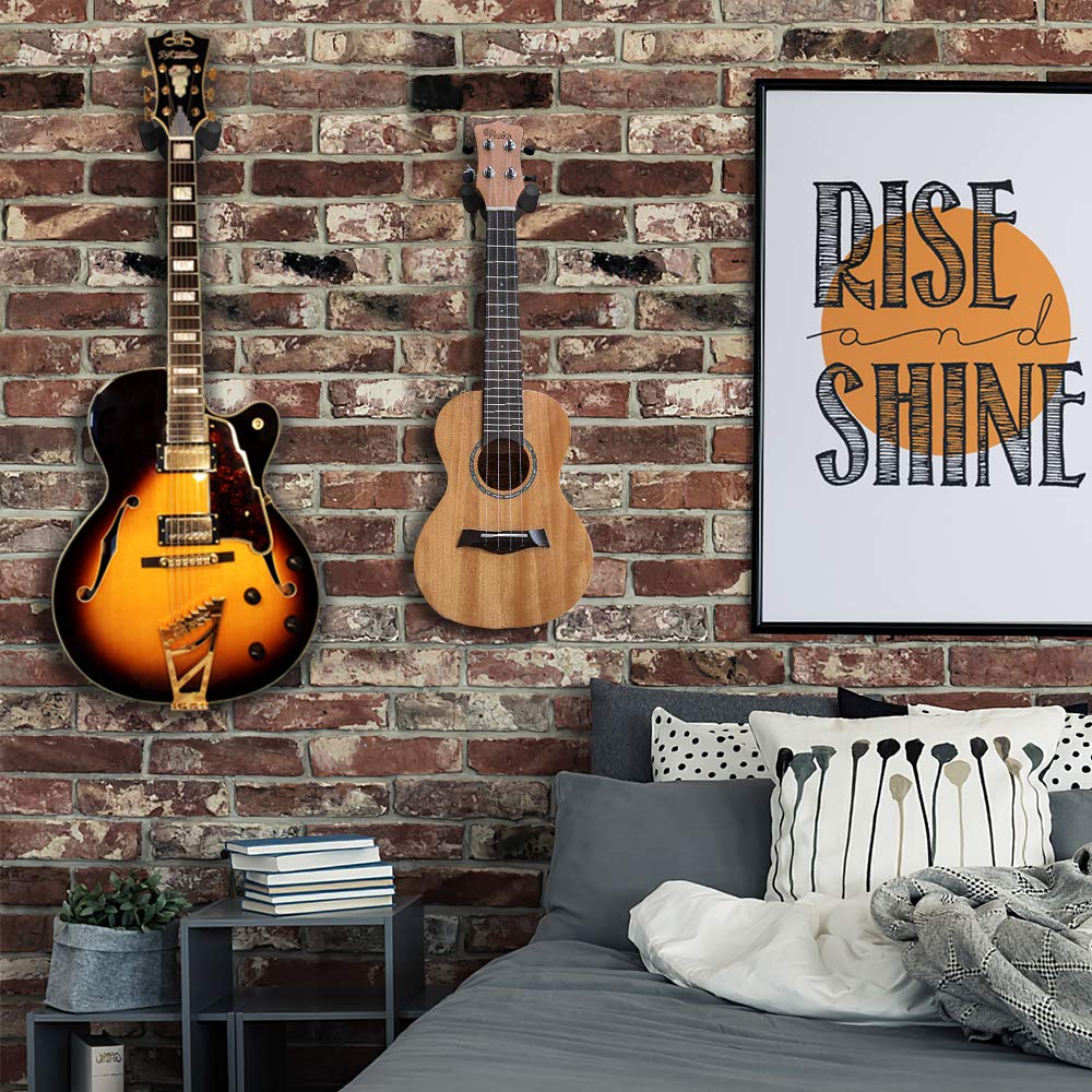 MoKo 3-Pack Guitar Wall Mount Hanger - Heavy Duty Wall Hook Holder for Electric, Acoustic, Bass Guitars & Ukuleles - Space Saving Studio & Home Decor - Black - Perfect for Music Rooms, Bedrooms & Small Spaces