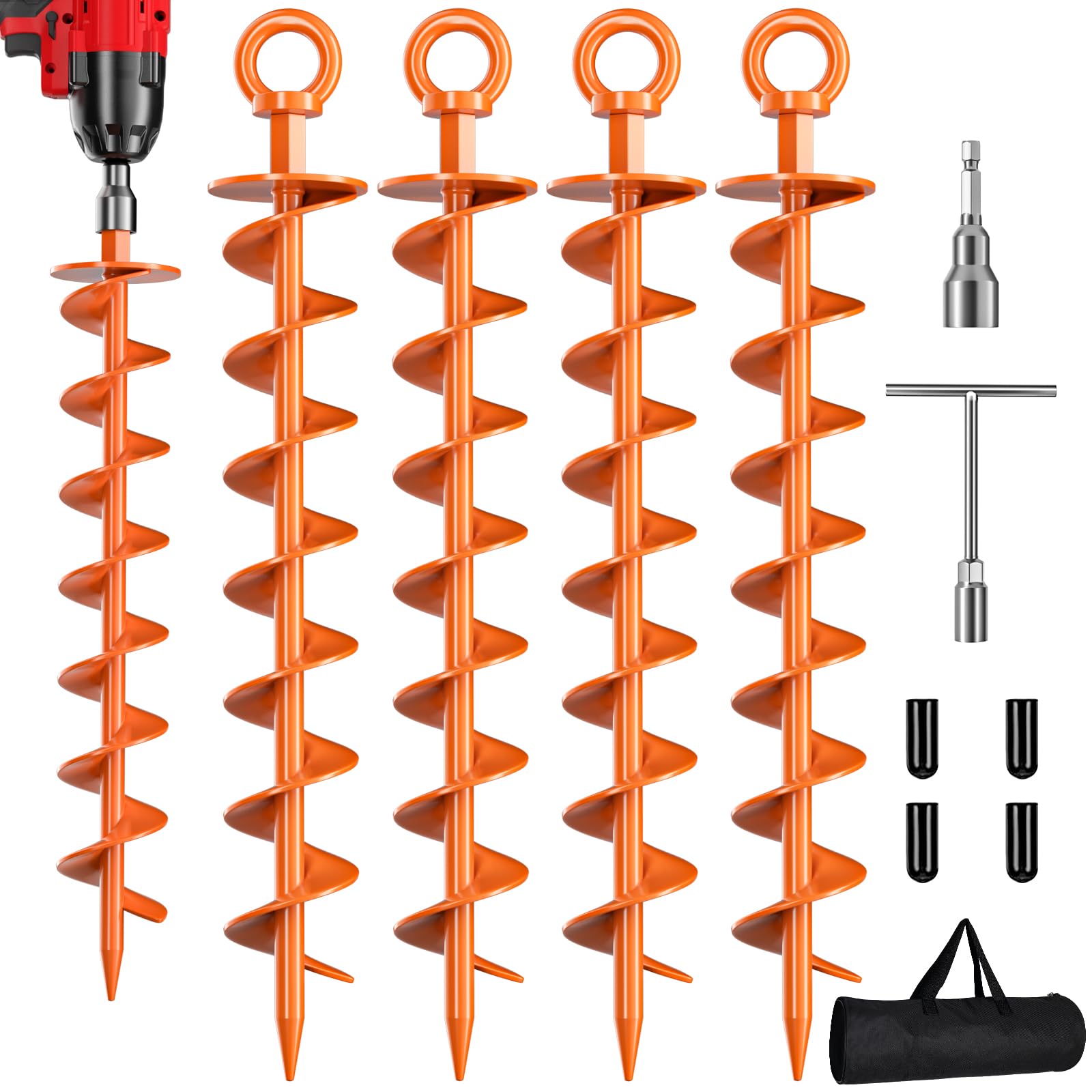 Phopich 4-Pack Heavy Duty Spiral Ground Anchors with Nut & Tool - High Wind Resistance for Trampolines, Swing Sets, Tents, Sheds & Mobile Homes - Durable Outdoor Screw-in Anchors (Orange) - Perfect for Securing Equipment in Windy Weather & Storm Protection