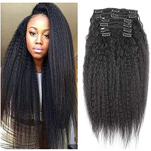 30 Inch Long Kinky Straight Clip-in Human Hair Extensions - 100% Brazilian Remy Hair, Natural Black Color, Coarse Italian Yaki Texture - 100-150g Full Head Weft (Perfect for Parties, Weddings & Daily Styling)