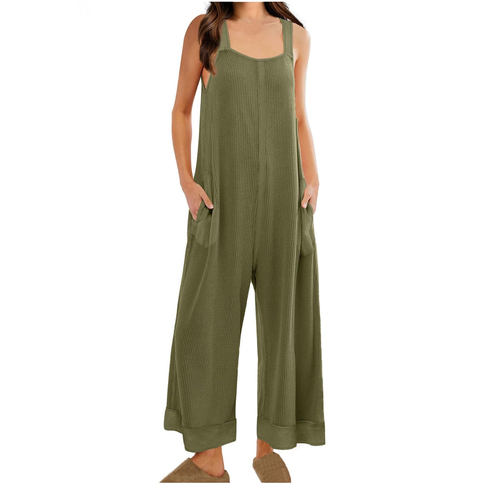 Women's Summer Casual Waffle Knit Jumpsuit - Trendy Baggy One Piece Wide Leg Lounge Overalls with Pockets | Perfect for Beach, Vacation & Everyday Wear