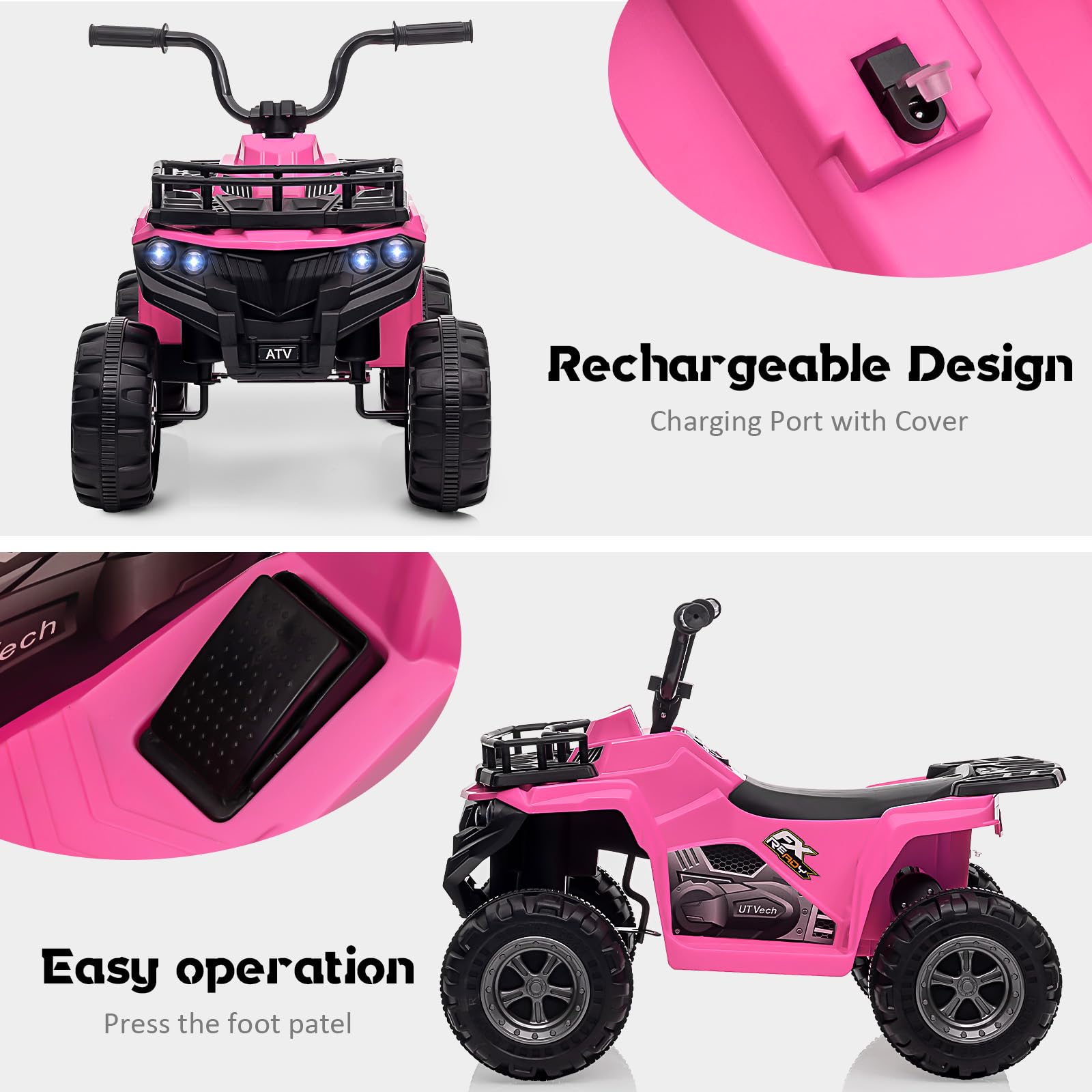 GARVEE 12V Kids Electric ATV Ride-On Car Toy with Bluetooth Audio, High/Low Speed Modes, LED Headlights & Battery Indicator - Orange/Pink - Perfect for Outdoor Play & Backyard Adventures