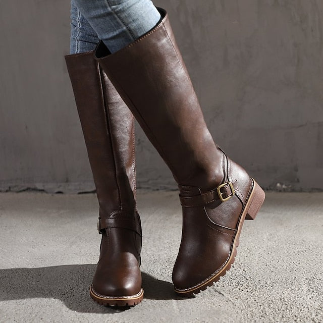 Lovevop Women's Autumn Riding Boots - Knee High PU Leather Boots with Chunky Heel & Round Toe | Black, Brown, Yellow | Perfect for Fall Outfits, Casual Wear & Horseback Riding