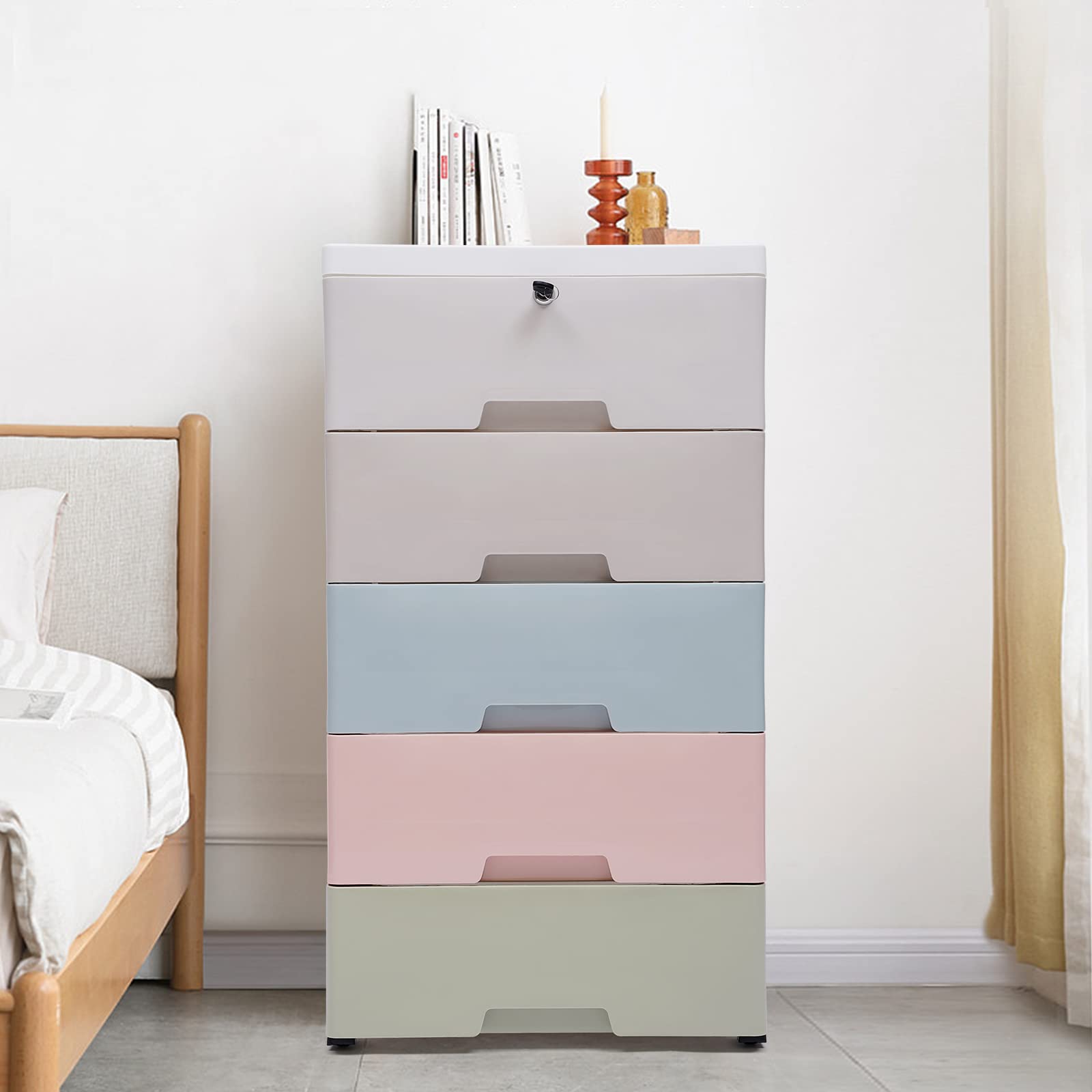 5-Drawer Stackable Plastic Storage Dresser with Wheels - 17.72 x 11.81 x 33.07 Inch Vertical Organizer Cabinet for Kids Clothes, Baby Nursery & Bedroom Furniture - Perfect for Small Space Organization & Toy Storage