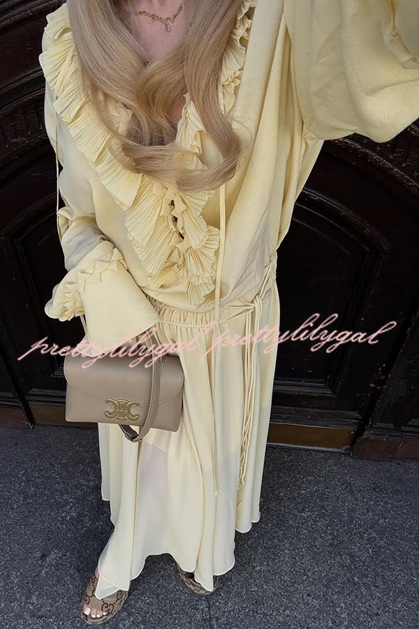 Elegant Solid Color Pleated Ruffled Tie Long Sleeve Loose Blouse for Women | Casual Office Wear & Spring Outfits