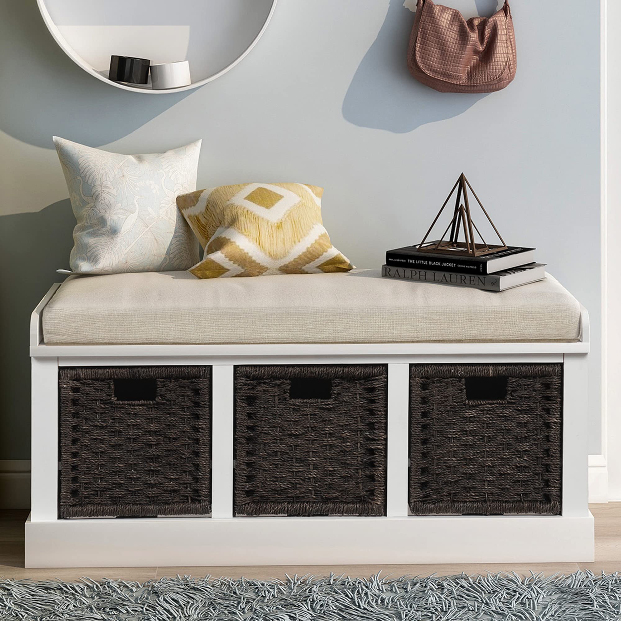 Rustic Entryway Storage Bench with Removable Cushion & 3 Rattan Baskets - Antique White Wooden Hallway Bench for Bedroom, Living Room & Entrance Organization | Perfect for Small Space Decor & Shoe Storage