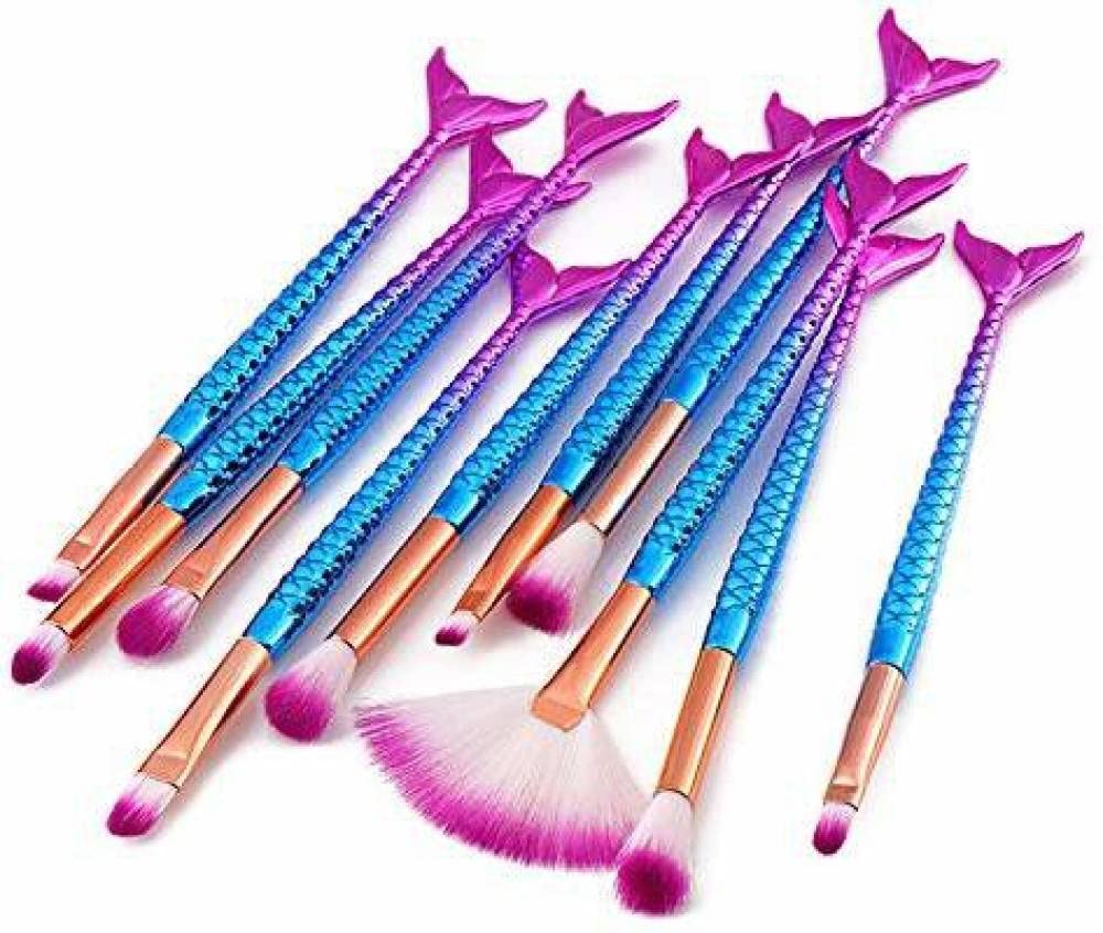 Beggie Cosmetikaa Series Mermaid Makeup Brush Set - 10 Piece Professional Cosmetic Brushes for Foundation, Blending, Eyeshadow & Contouring - Perfect for Makeup Artists & Beauty Enthusiasts