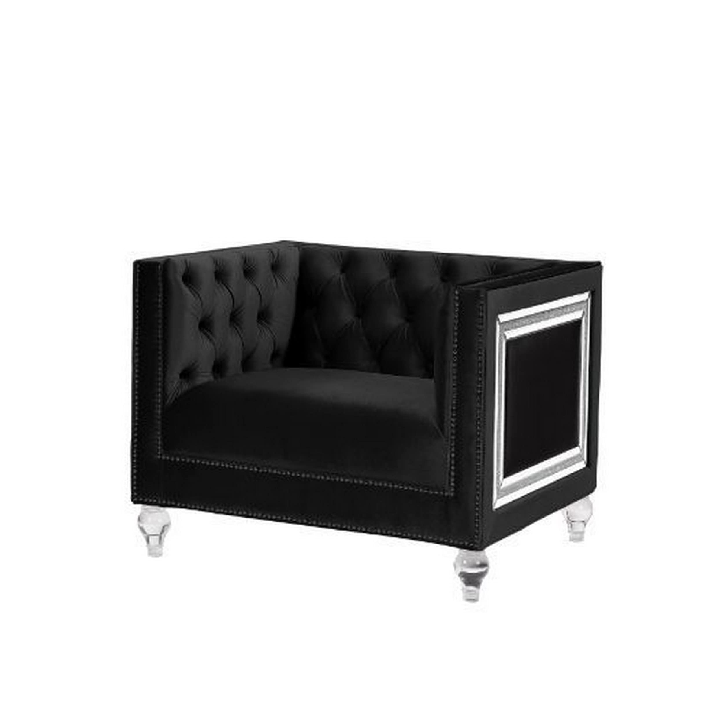 Benjara Black Accent Chair with Shelter Arms & Mirrored Trim - Elegant Living Room Seating for Home Decor & Lounge Areas