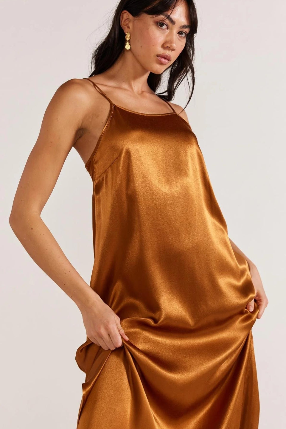 Rayna Copper Satin Strappy Maxi Dress for Women - Elegant Evening Gown for Parties, Weddings & Special Occasions