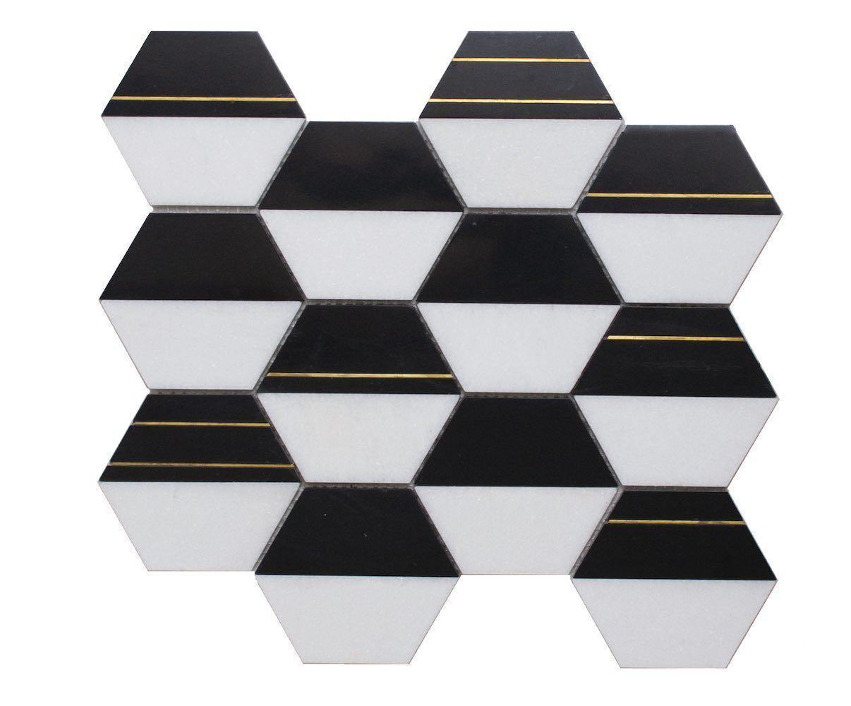Premium Inlay Brass Gold Hexagon Black and White Tile - Elegant Geometric Floor and Wall Tiles for Bathroom, Kitchen Backsplash, and Living Room Decor