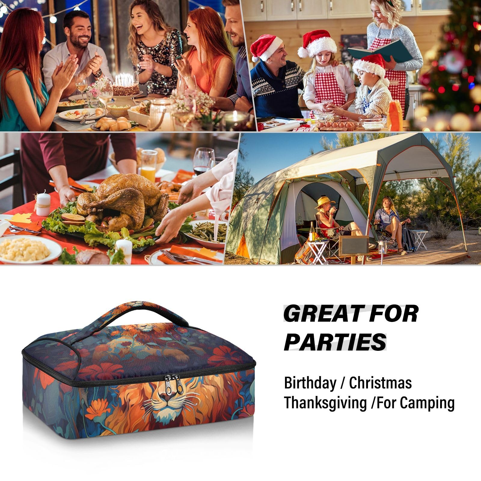 Insulated Casserole Carrier Bag for Hot & Cold Food - Lion Flower Design with Dish Storage - Perfect for Potluck Parties, Picnics & Family Gatherings