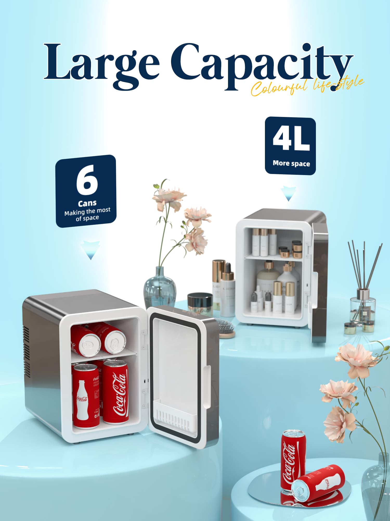 BOGDA 4L Mini Skincare Fridge with LED Light Mirror - Portable Cosmetic Cooler & Warmer for Makeup, Skincare, Food & Drinks - Perfect for Bedroom, Office, Car & Travel - Compact 6-Can Capacity (Grey)