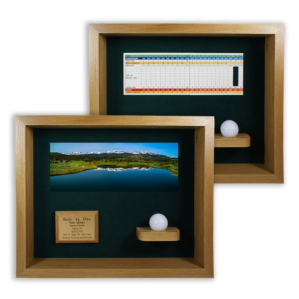 Premium Golf Hole in One Shadowbox Display Case - Personalized Engraved Wall Mount for Golf Ball, Scorecard & Photo - Horizontal Oak Wood Trophy Case for Home, Office or Clubhouse Decor