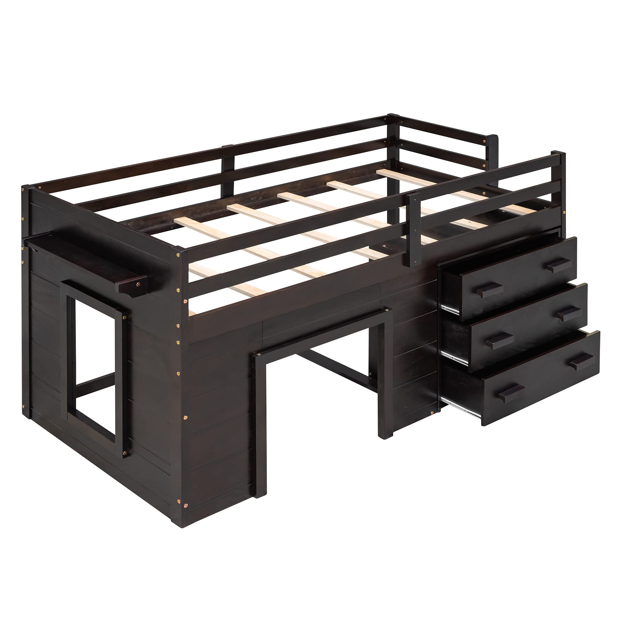 Bellemave Low Loft Bed with 3 Drawers & Cabinet - Twin Size Wooden Farmhouse Style Loft Bed Frame with Bedside Tray for Kids, Teens, Boys & Girls (Espresso) - Perfect for Small Bedrooms, Dorm Rooms & Space-Saving Kids' Rooms
