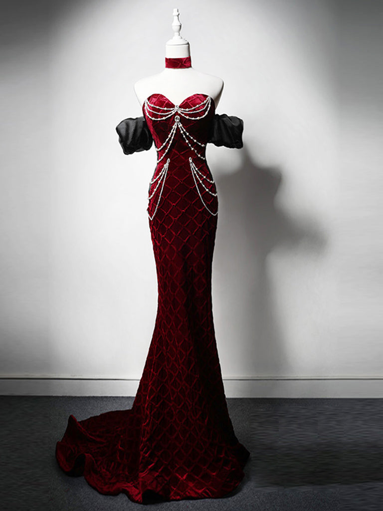 Elegant Burgundy Velvet Mermaid Sweetheart Neck Prom Dress with Beaded Details - Perfect for Homecoming, Formal Dances & Special Occasions