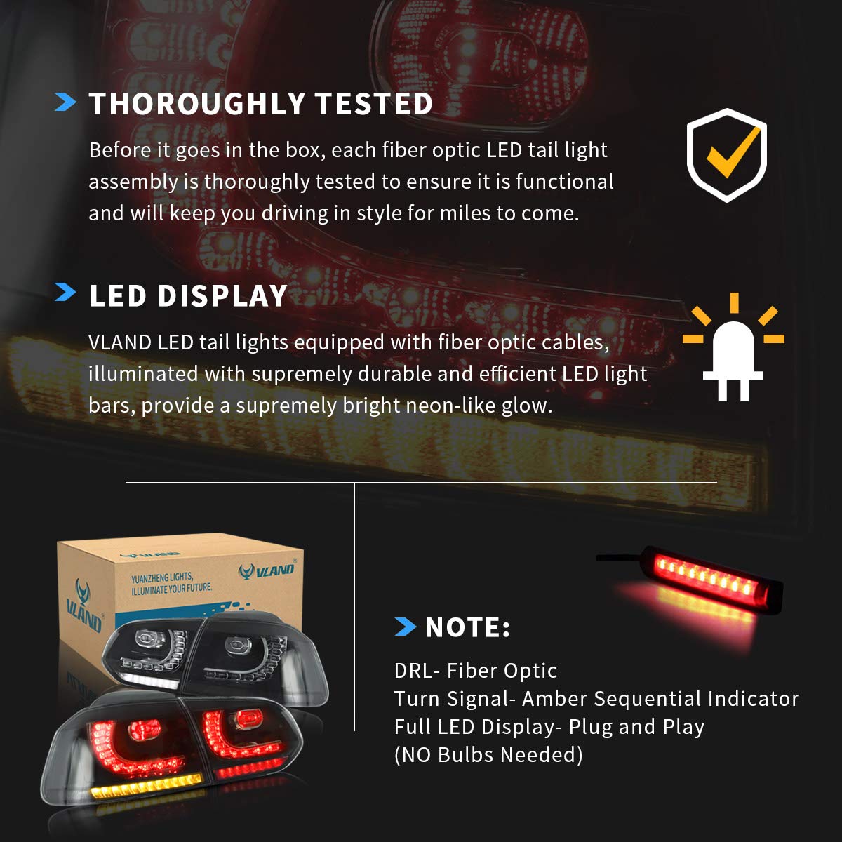 VLAND Full LED Tail Lights for VW Golf 6 MK6 (2010-2014) - Sequential Turn Signals, Brake Lights, DRL, Reverse & Fog Lights with Smoked Lens - Premium Rear Lamp Assembly for Enhanced Style & Safety - Perfect for Night Driving & Car Customization