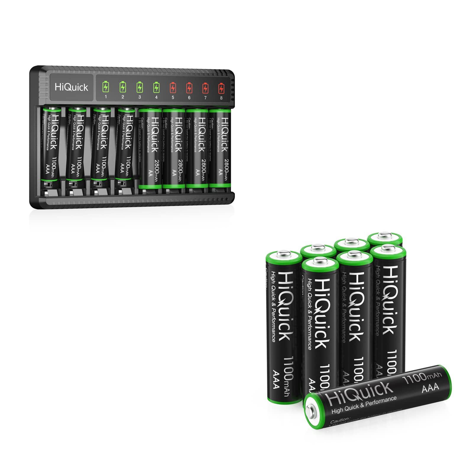 HiQuick 8 Bay Smart Battery Charger with 4AA & 4AAA Batteries + 8 Pack AAA Rechargeable Batteries - Fast Charging for Cameras, Toys, Flashlights & Home Electronics