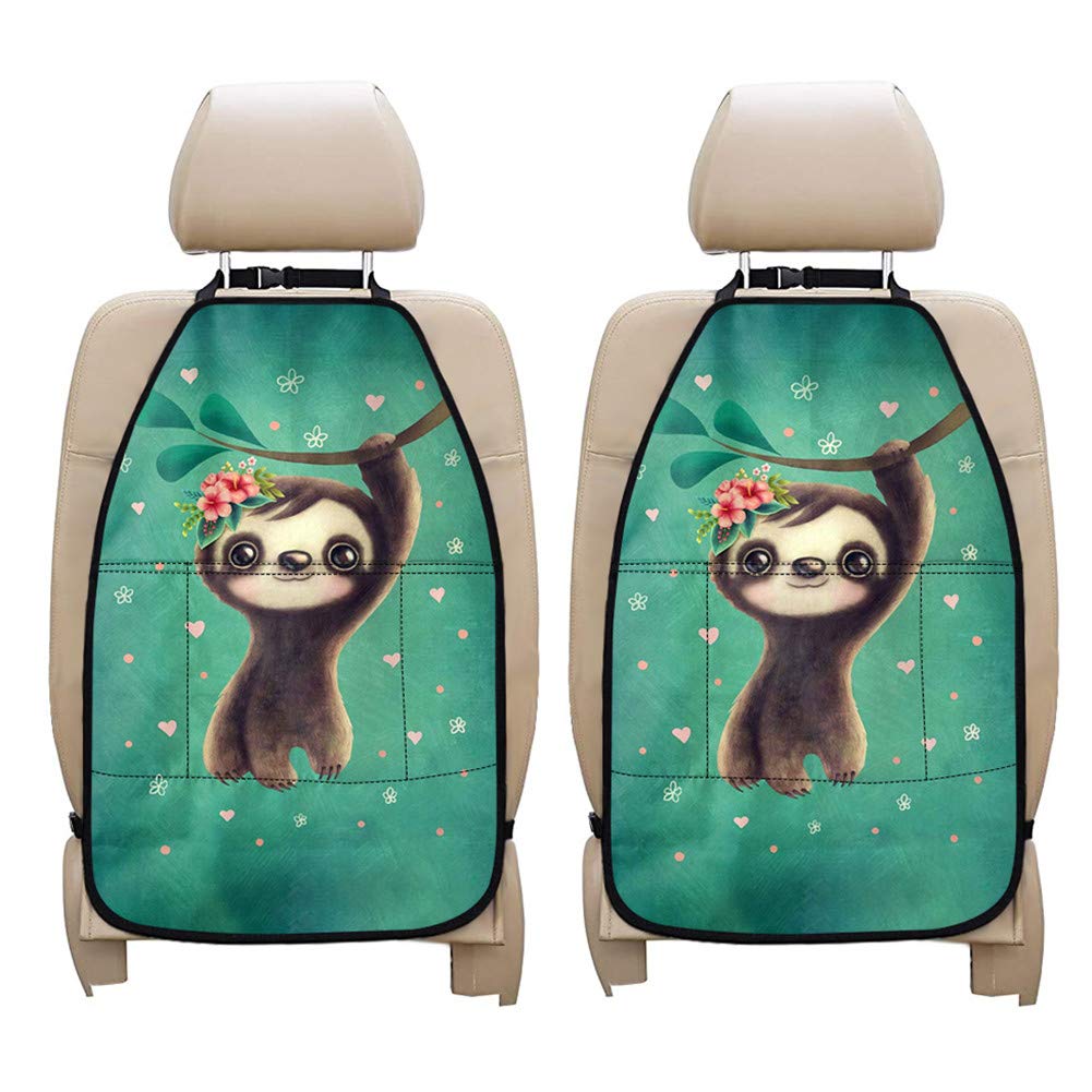 PZZ BEACH Car Back Seat Protector Organizer - 2 Pack Kick Mats with Phone Holder & Storage Pockets, Cute Sloth Floral Print Design, Dust-Proof Travel Accessories for Baby & Kids | Perfect for Road Trips, Family Vacations & Daily Commutes