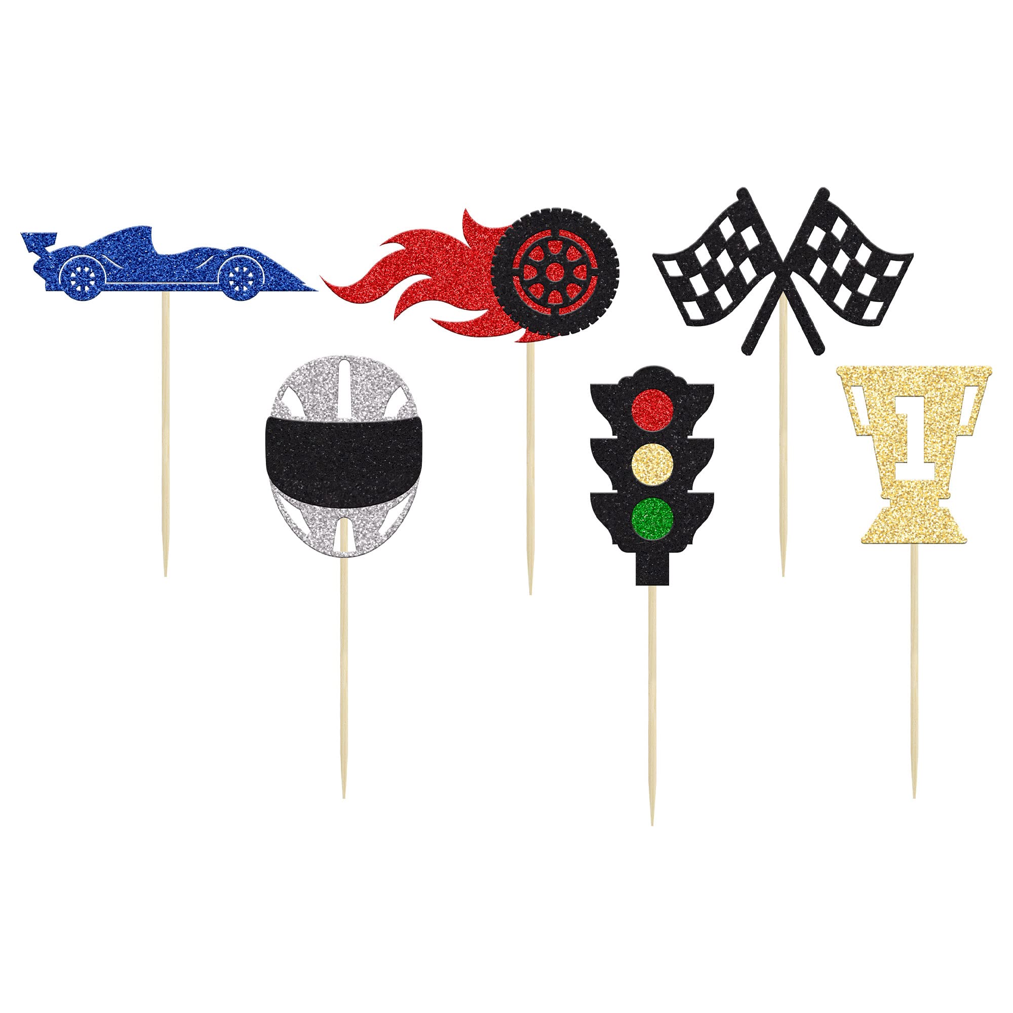 24Pcs Race Car Cupcake Toppers - Glitter Traffic Light, Wheel, Trophy & Flag Decorations for Racing Themed Birthday Parties, Baby Showers & Sports Events - Perfect for Cake Decorating & Dessert Displays